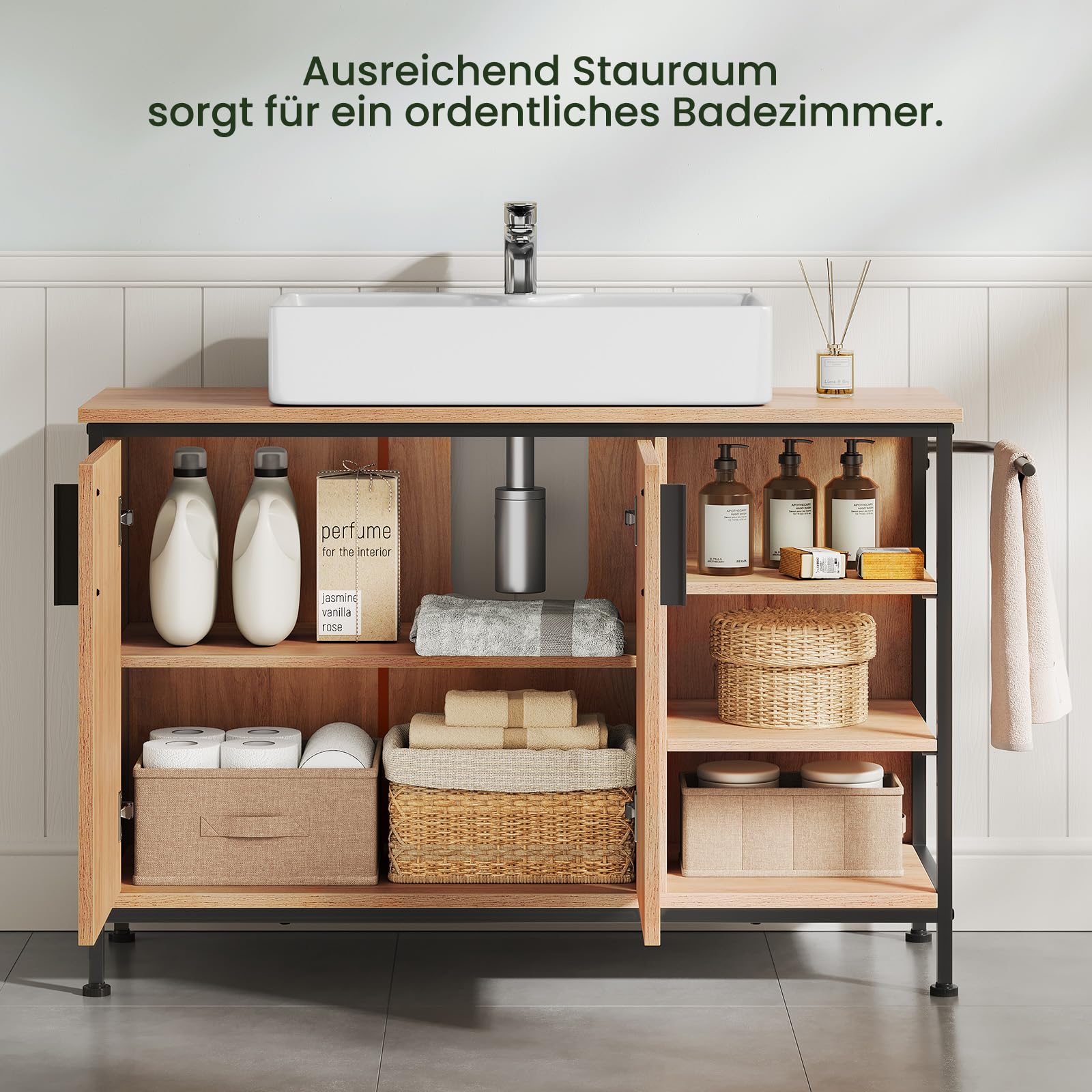 EUGAD Waschbeckenunterschrank, Badezimmerschrank mit Schubladen 3 offenen Fächern, Unterschrank mit verstellbaren Ablagen, freistehender Waschtischunterschrank, 90x60x30 cm (2 Türen)