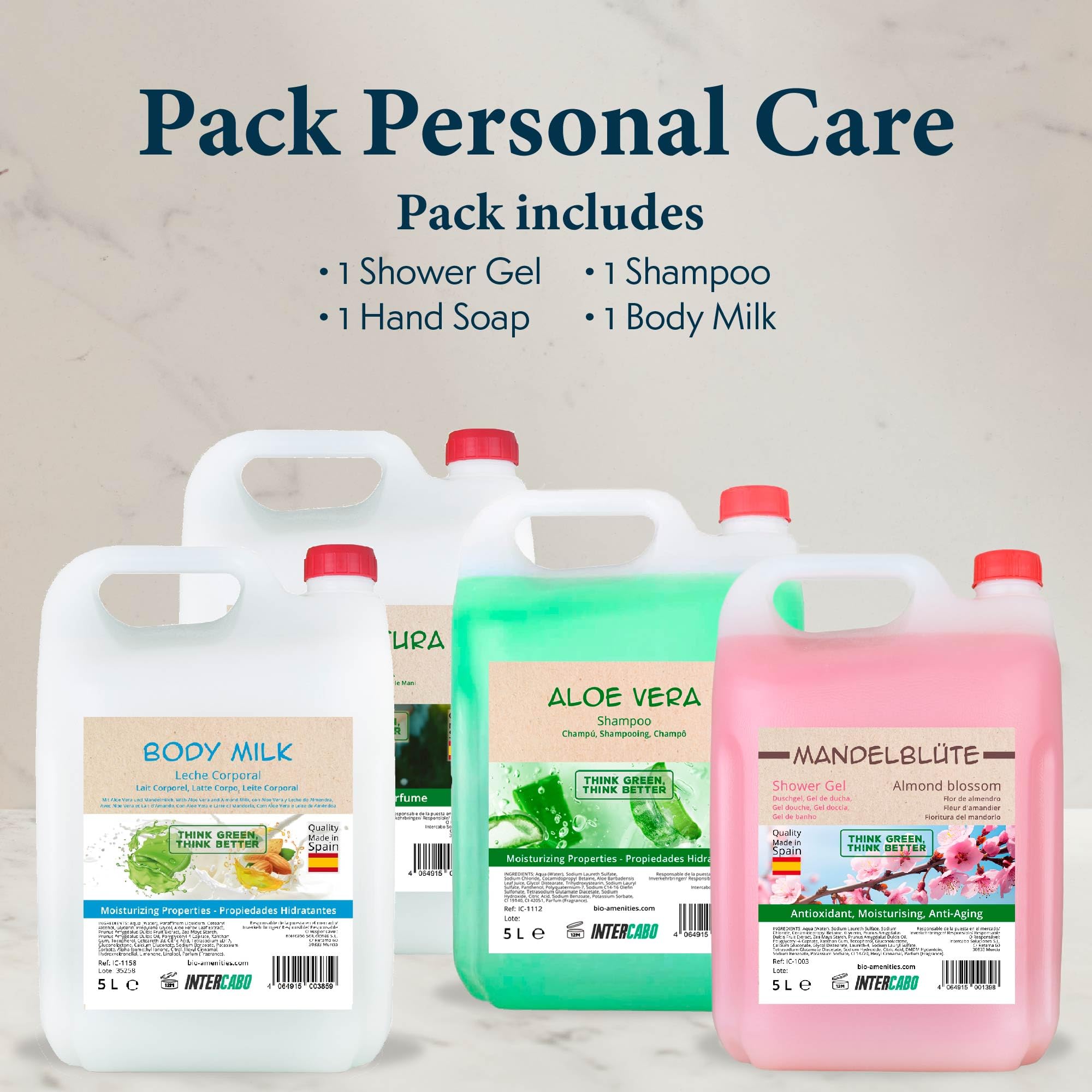 Lot de 4 flacons de 5 L, gel douche fleur d’amande, shampooing aloe vera, savon mains Eco Natura, lait corporel hydratant, hygiène complète quotidienne