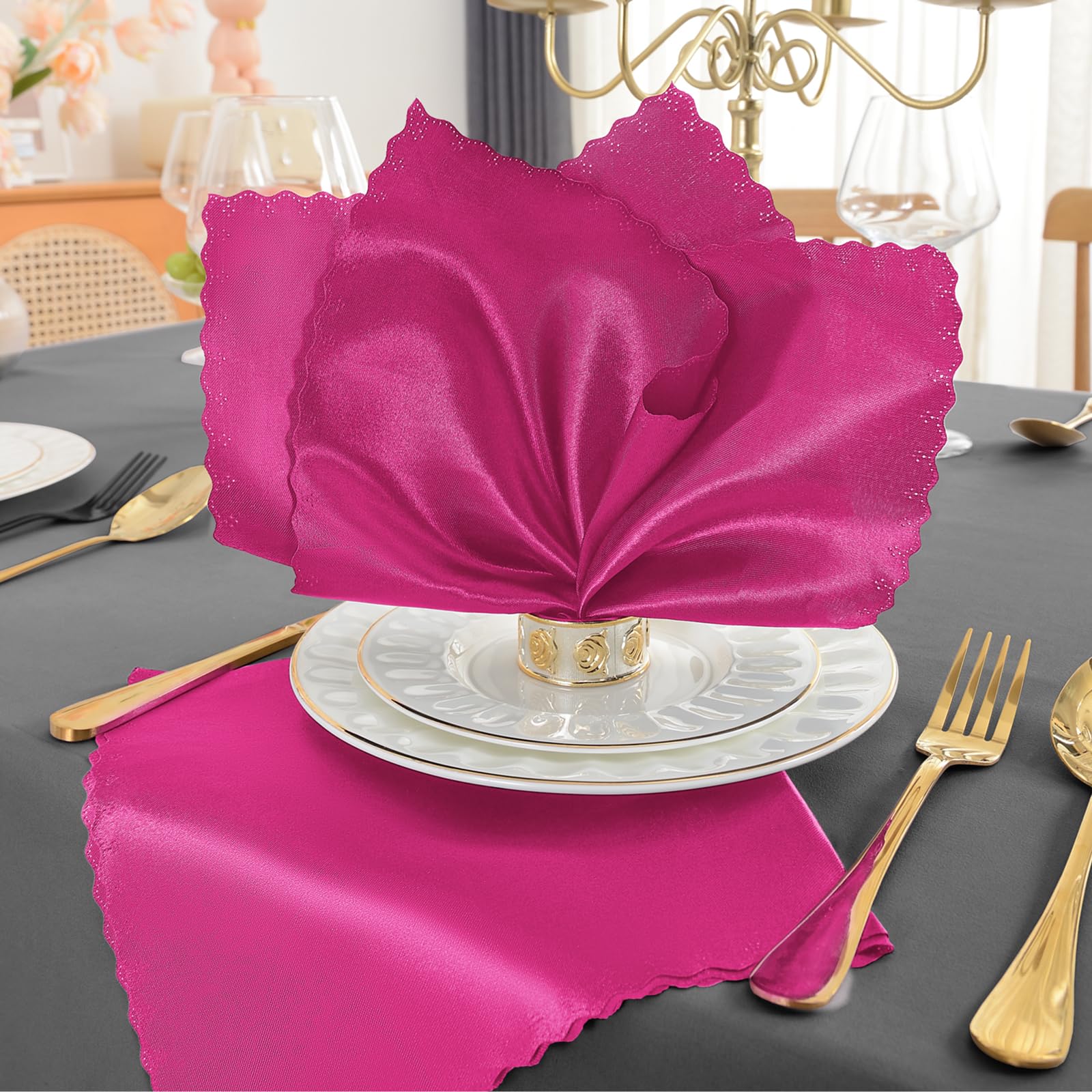 RUDONG M 72 Stück Hot Pink Satin-Servietten, 43,2 x 43,2 cm, quadratische Stoffservietten, weiche Stoffserviette mit gewellten Kanten, wiederverwendbar und waschbar, Tischservietten für Hochzeiten,
