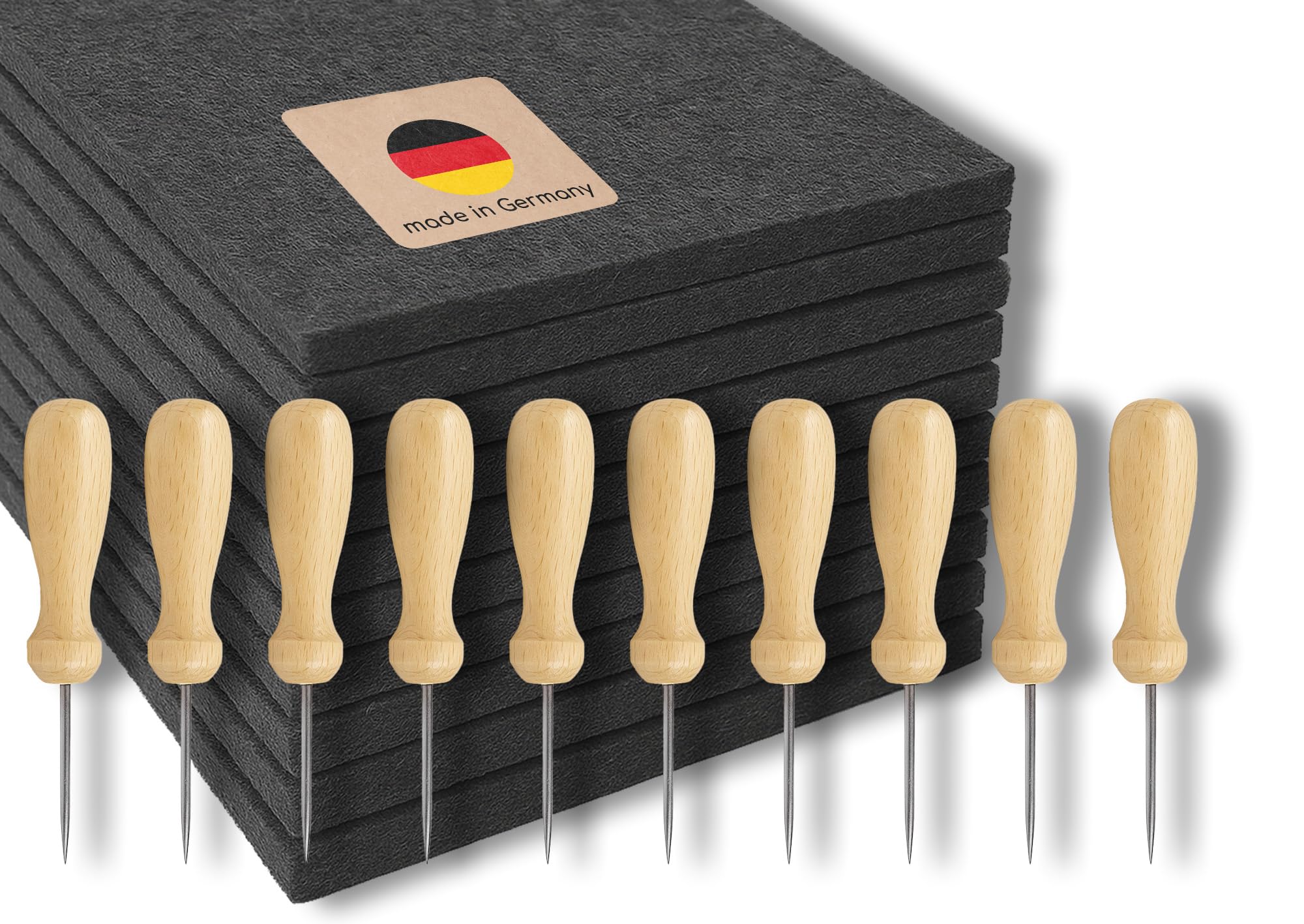 mikiprojekt 10 x Prickel Set Children – Made in Germany – 10 x Ergonomic Wooden Needles + 10 x Felt Pricking Mat (20 x 15 x 1 cm) – XXL Prickling Set for Groups – Safe Prickling
