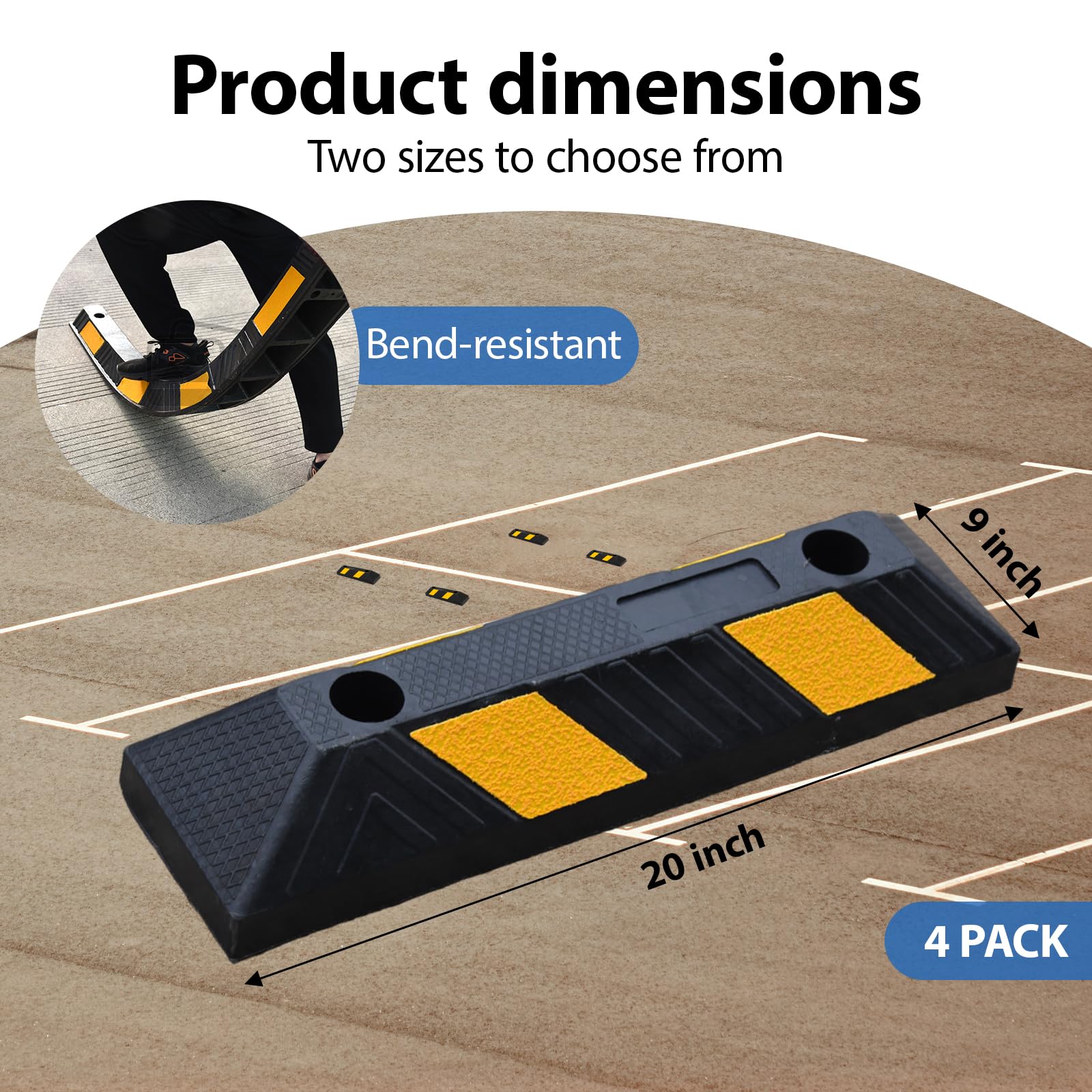 Lot de 4 bordures de parking avec bandes réfléchissantes jaunes, caoutchouc dur, dimensions : 55 x 15 x 10 cm, limite de place de stationnement, aide au stationnement pour montage au sol