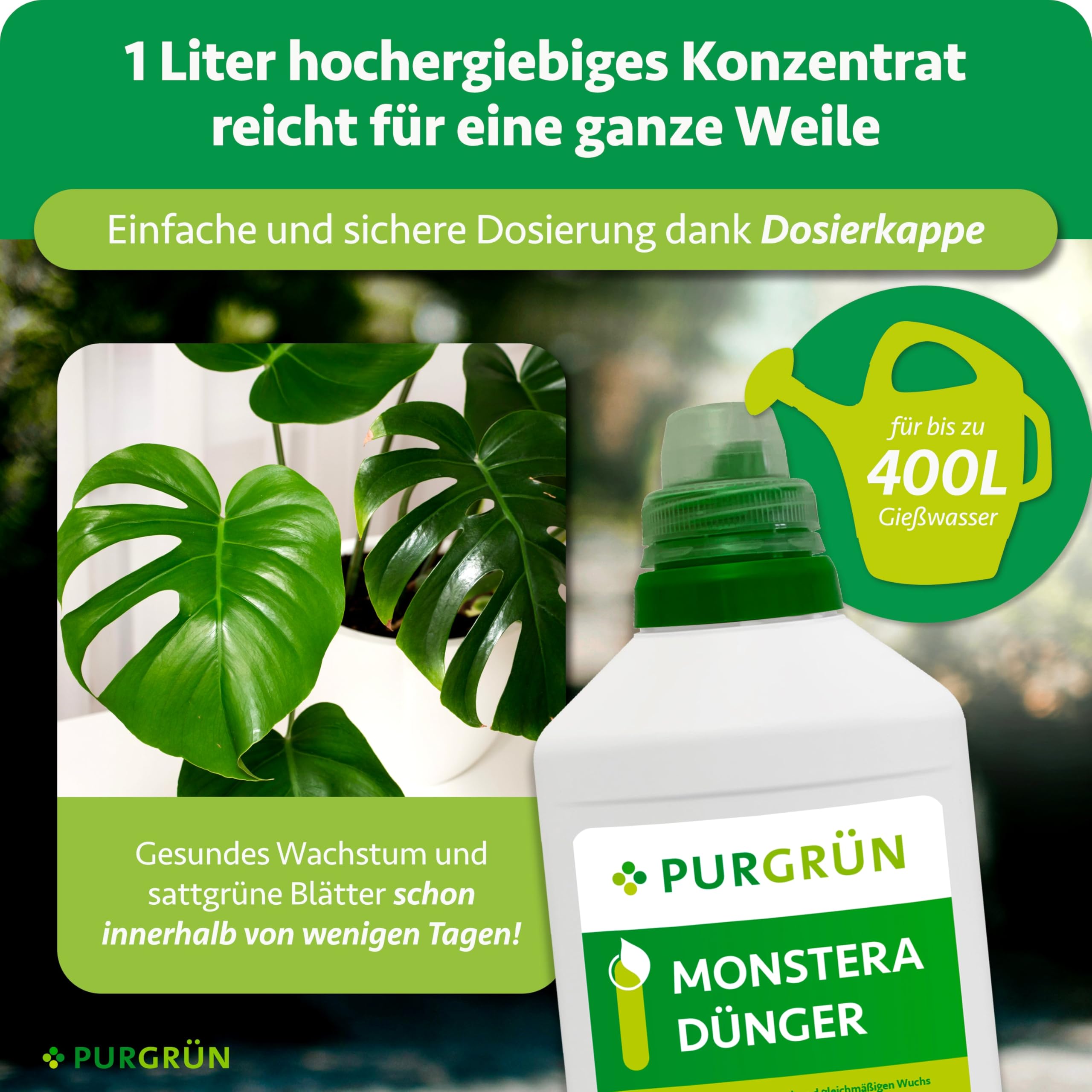Monstera-Dünger 1 Liter – Schnelles Wachstum dank hohem Stickstoffgehalt – Spurennährstoffe für prächtige Blätter – Konzentrat für ca. 400 Liter Gießwasser – Premium-Flüssigdünger