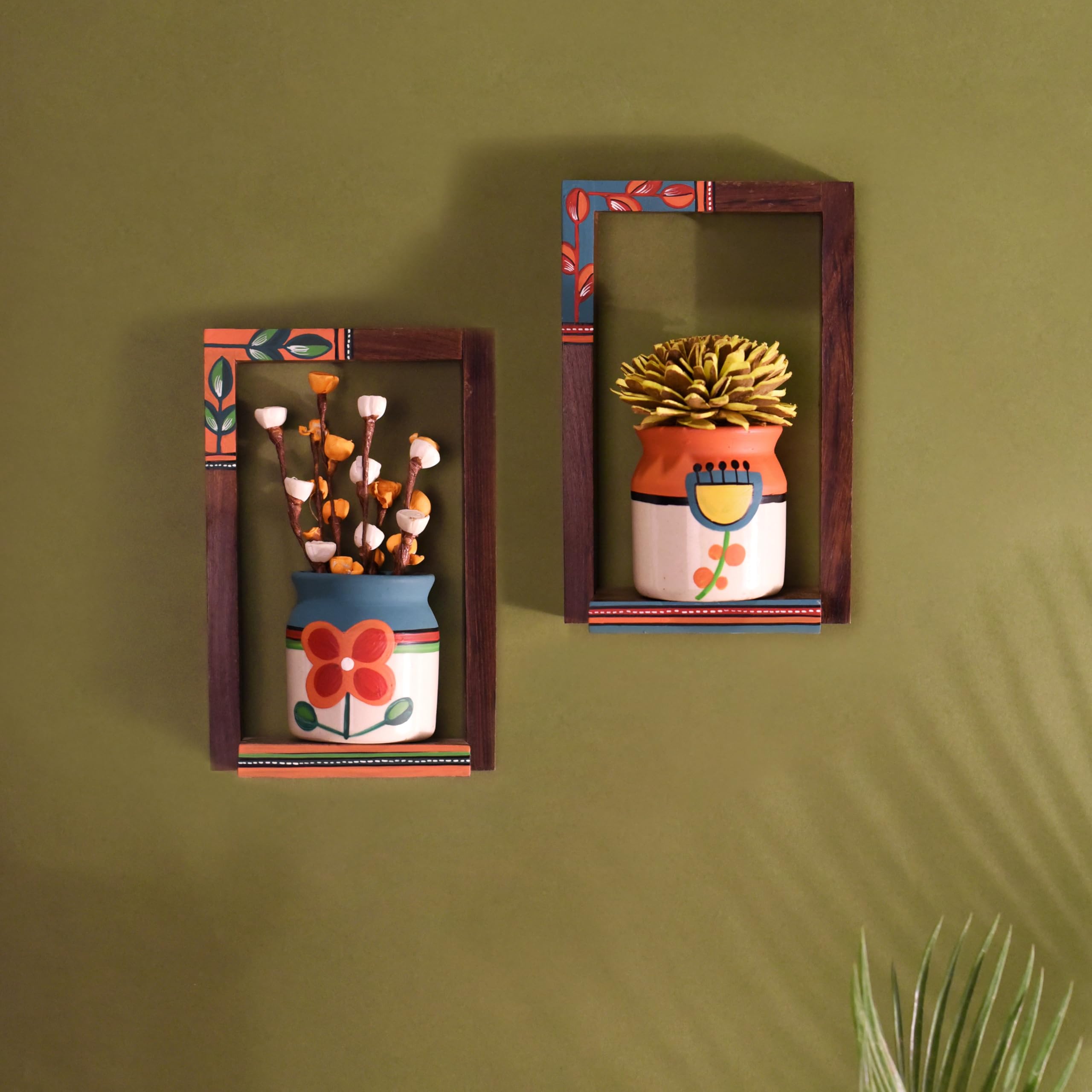 AAKRITI ART CREATIONS Flora Wall Décor Frames with Handpainted Ceramic Pots Set of 2 | Floral Art, Matte Finish | Wooden & Ceramic Wall Shelf Decor for Home-image-23