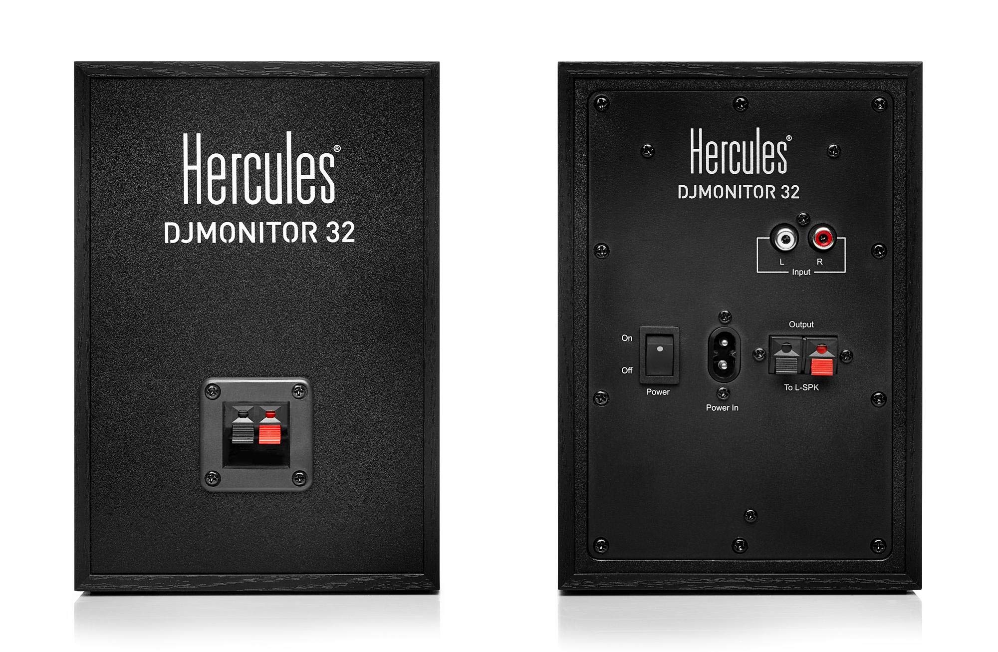 Hercules DJMonitor 32 Tischstativ Set (kompaktes Aktiv-Lautsprecher Paar mit 15W pro Satellit, 3"-Tieftöner & dualem Bass-Schacht im praktischen Set inkl. 2 Tischstativen für Studiomonitore) Schwarz