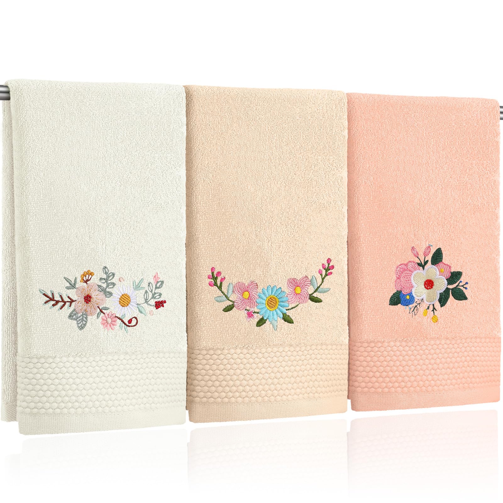 Tingjoo 3 Pcs Boho Flowers Hand Towels Embroidered Modern Flowers Bathroom Decor 14x29 Inch Farmhouse Boho 100% Cotton Soft Decorative Hand Towels for Bathroom Kitchen
