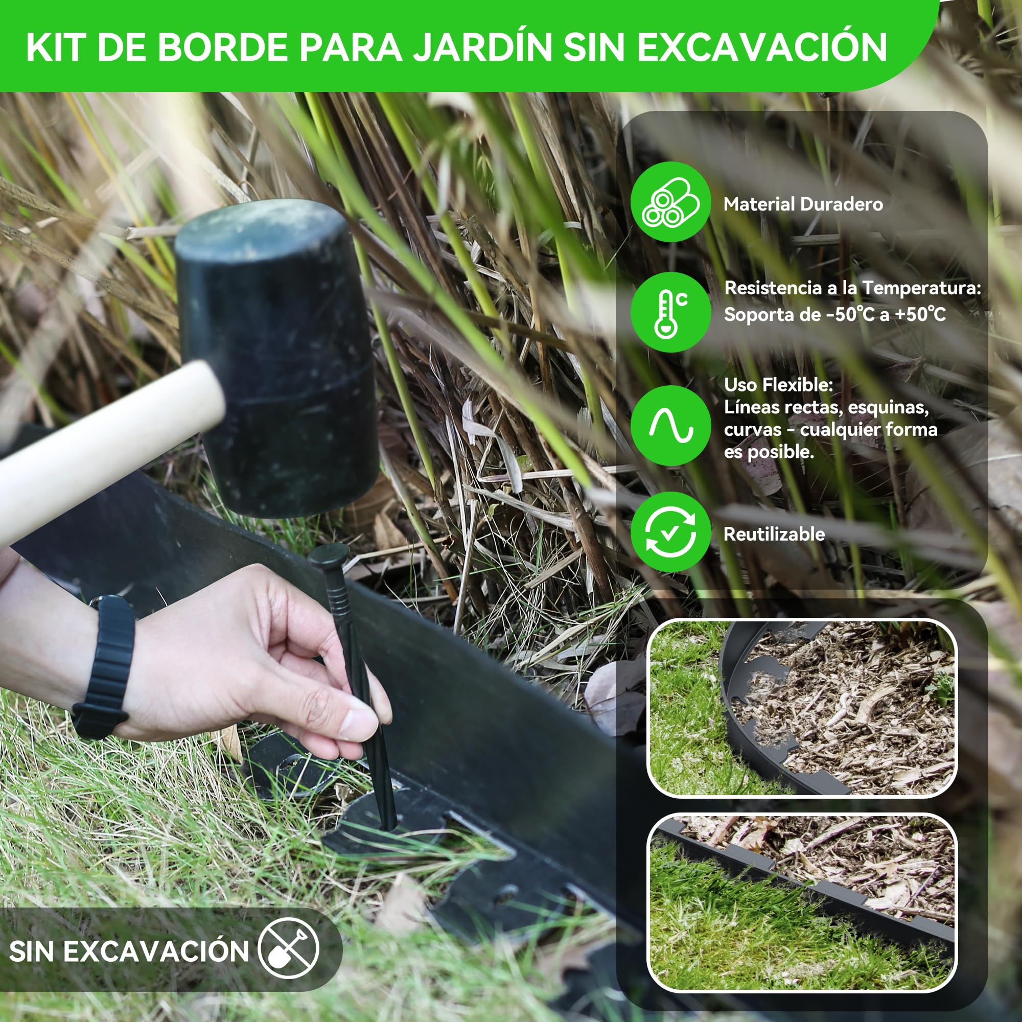 10cm de Alto 12m Borde de Jardín Sin Excavar con 60 Piquetas de Plástico de 20cm y 4 Conectores – Kit de Borde para Jardín con Tijeras para Paisajismo, Césped, Macizos de Flores y Patio