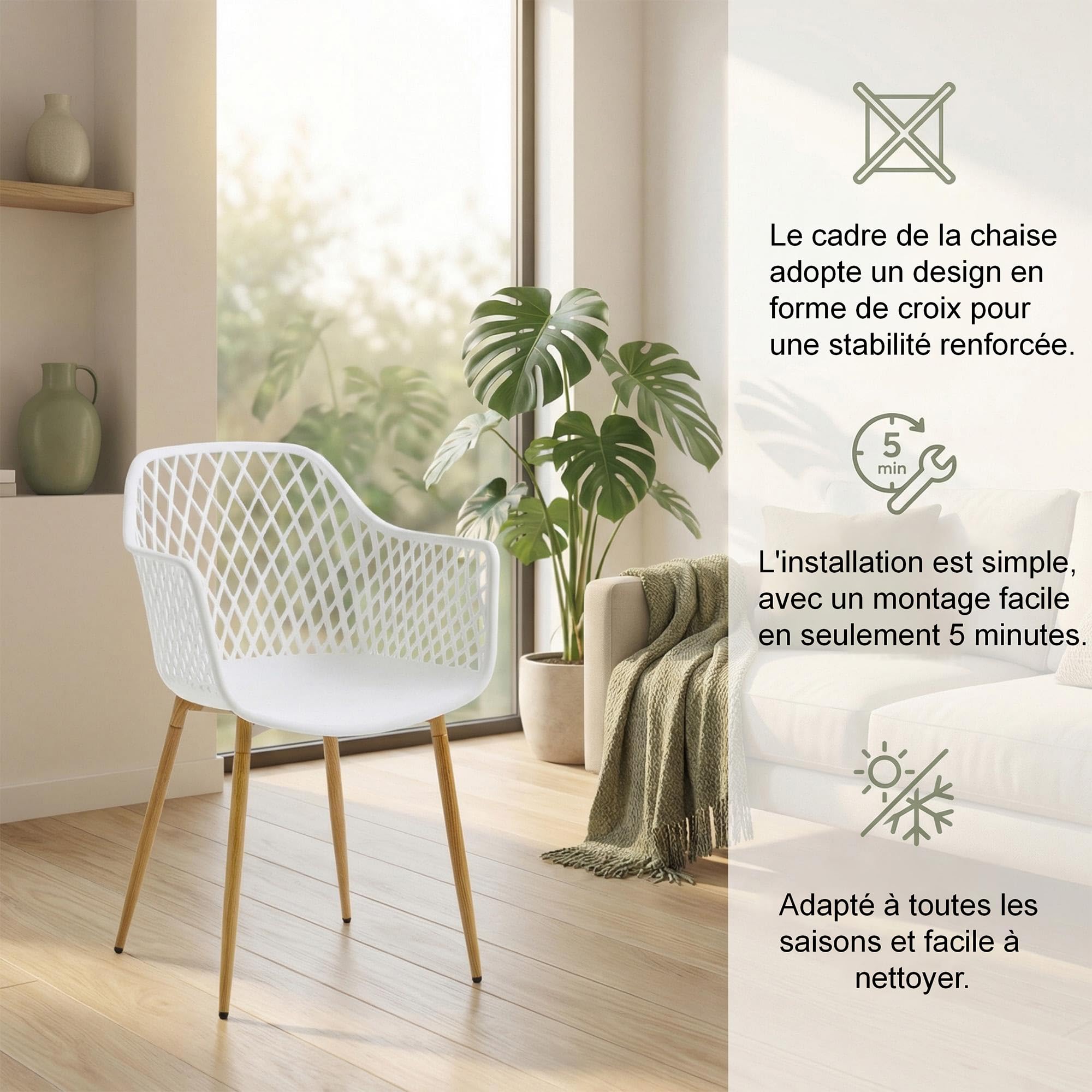 Lot de 6 chaises de Salle à Manger avec Dossier géométrique Moderne en Plastique avec Pieds en métal, chaises de Jardin, chaises de Salle à Manger avec accoudoirs pour Balcon, Blanc
