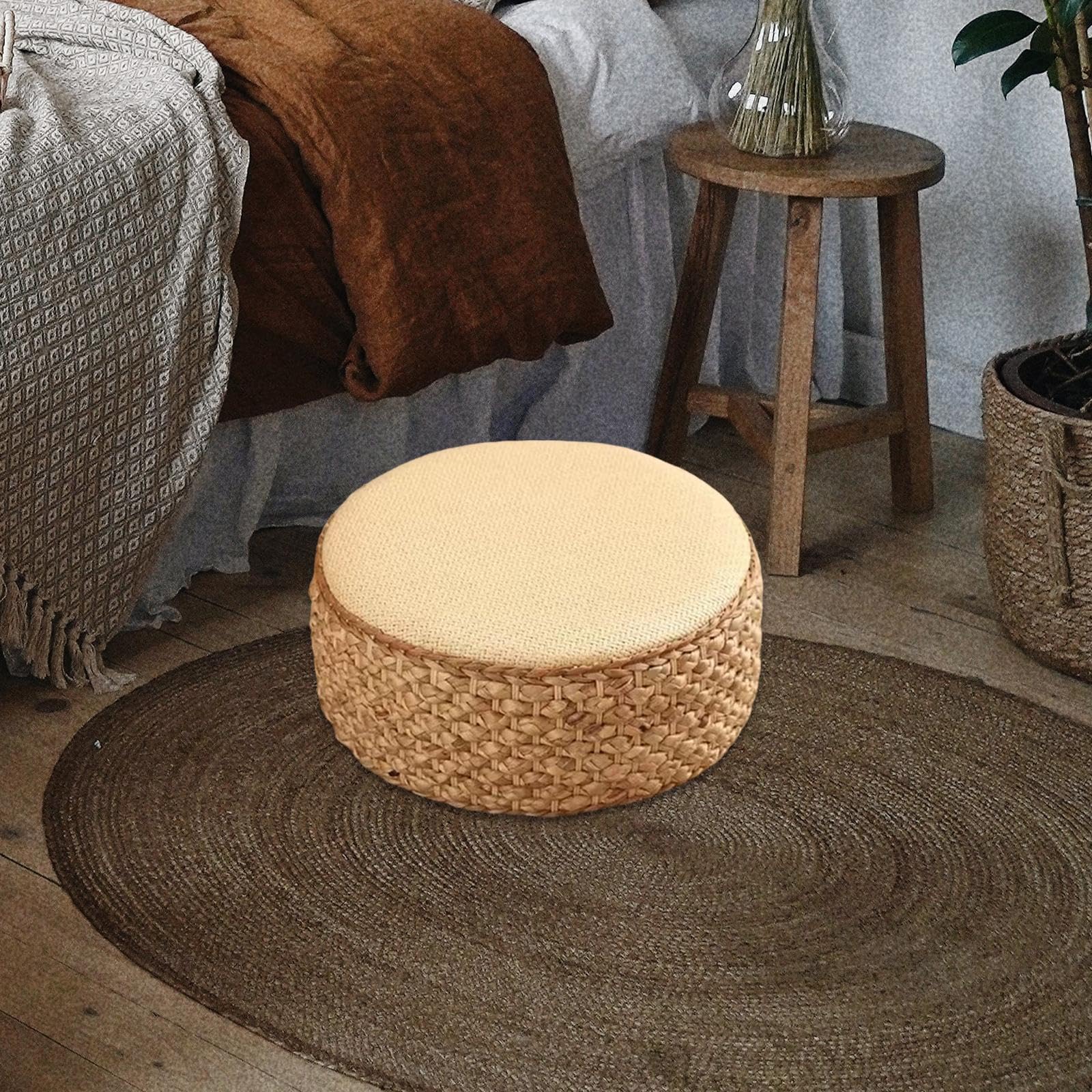 F Fiftyle Cuscino Tatami in Rattan Poggiapiedi Rotondo - Ottomano da Pavimento per Balcone e Sala Beige