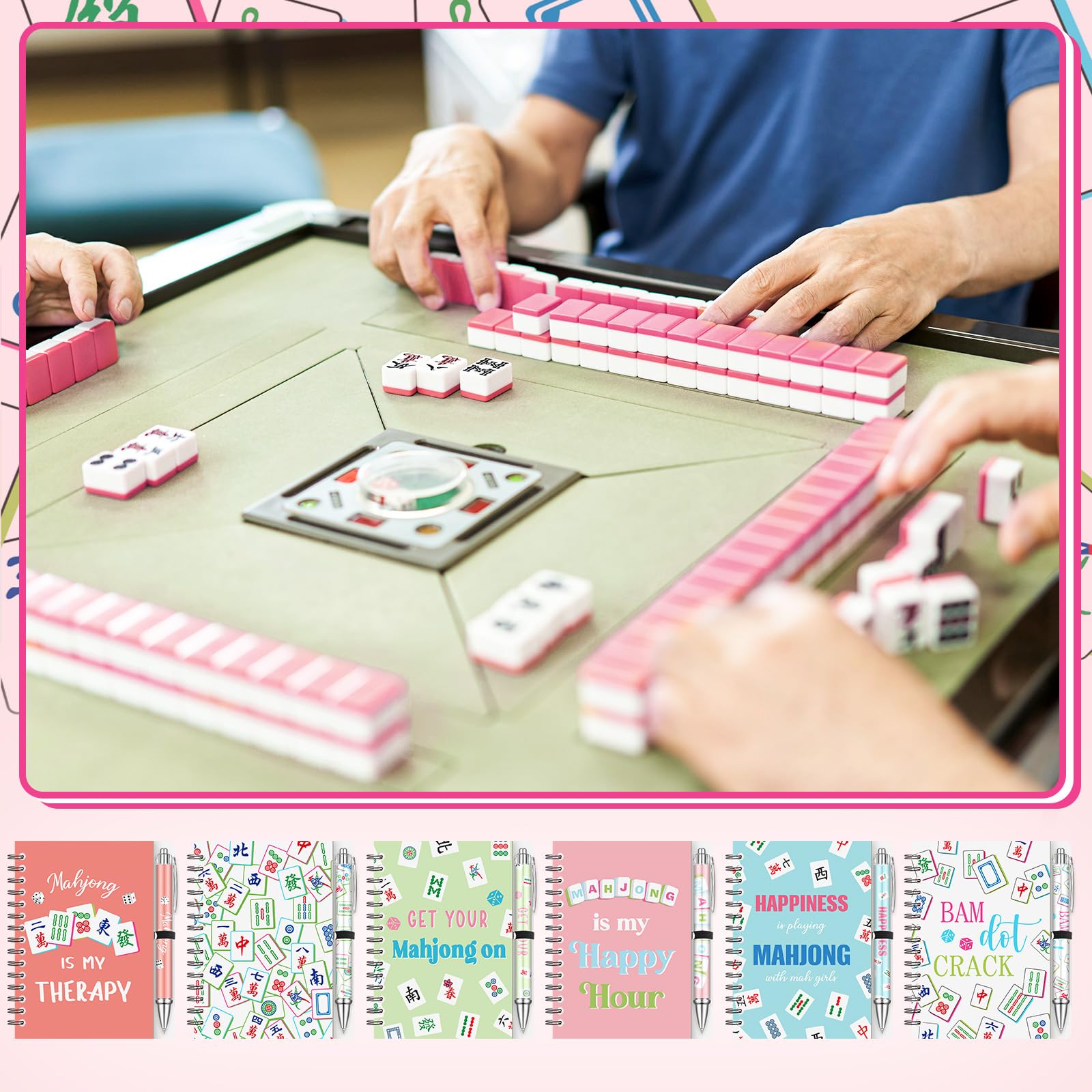 Resurhang Lot de 24 pièces/12 ensembles de cadeaux pour amoureux de Mahjong comprenant 12 carnets à spirale et 12 stylos à bille rétractables – Cadeaux amusants pour Mahjong – Cadeaux amusants pour