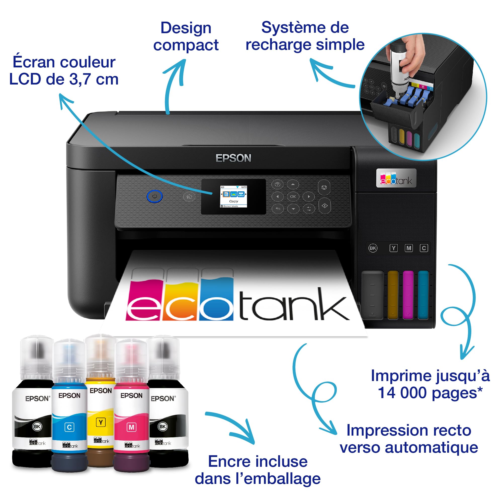 Epson Imprimante EcoTank ET-2851 avec réservoirs, Multifonction 3-en-1: Imprimante recto verso / Scanner / Copieur, A4, Jet d'encre couleur, Wifi Direct, Ecran, Faible coût par page, Compact