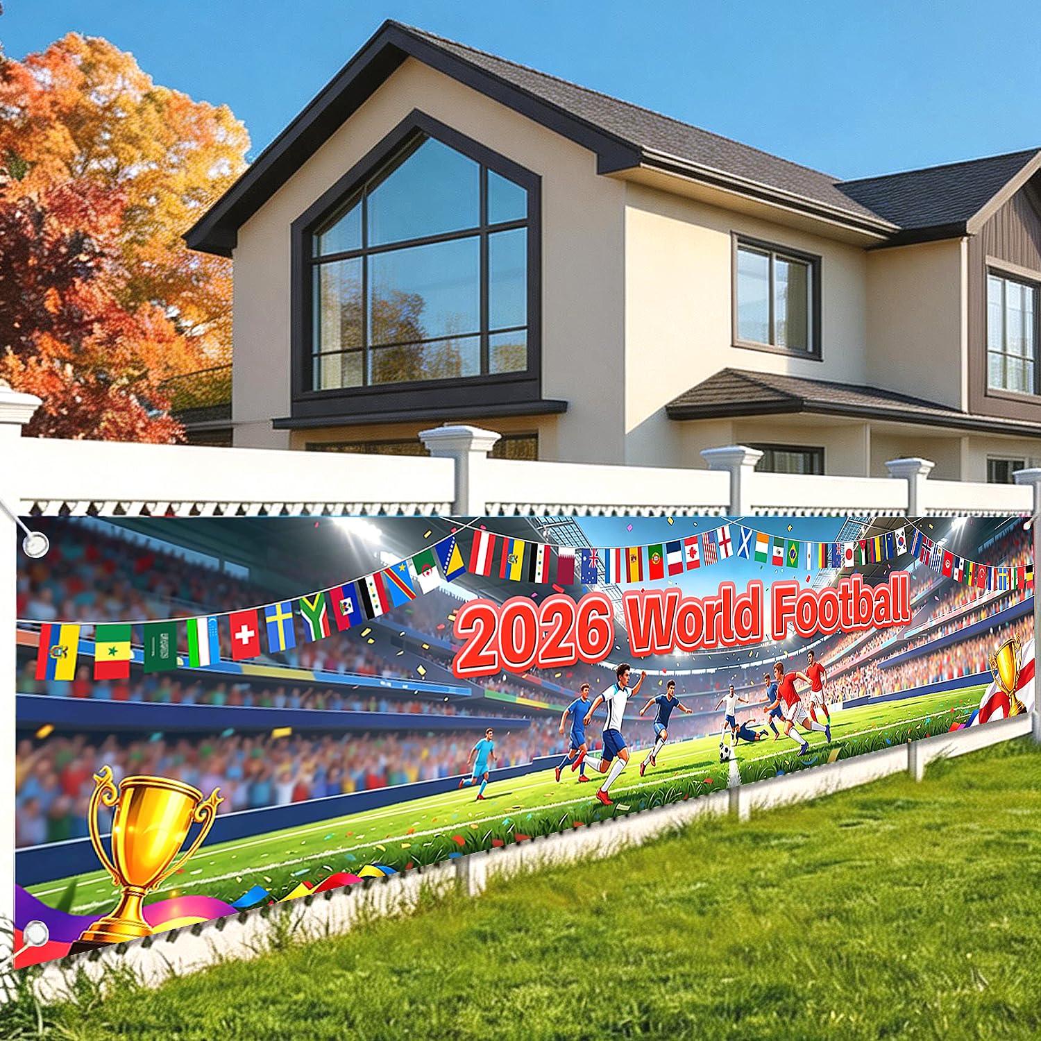 2026 World Football Banner Flag, Large Fabric Football Party Decorations, Tournament Celebration Bunting Flags Wall Decor for Pub Home Garden Fan Zone (Multicolor-Long)