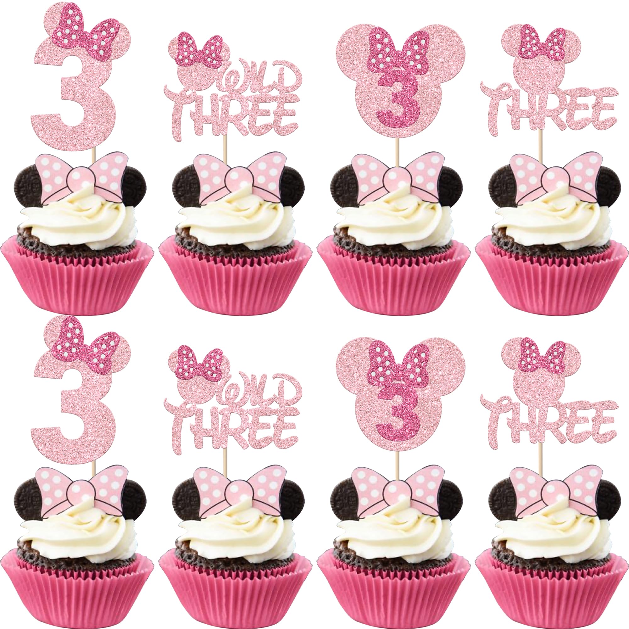 Xsstarmi 24 Pack Mouse 3rd Birthday Cupcake Toppers, Pink Bow Mini Third Birthday Party Decorations Mouse Three Cupcake Picks for Baby Shower