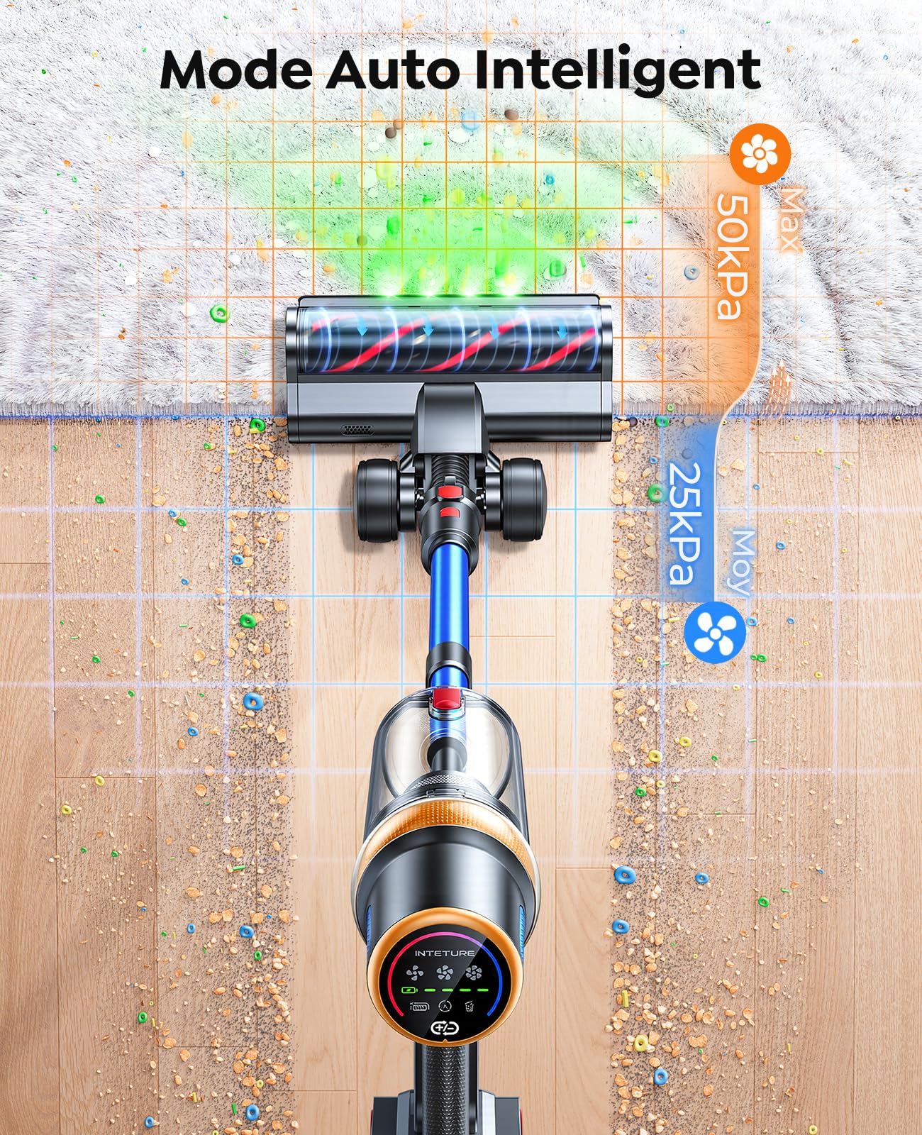 Aspirateur sans fil, 600 W 50 kPa, aspirateur balai avec écran tactile, jusqu'à 65 minutes d'autonomie, aspirateur puissant sans fil avec support mural rechargeable, aspirateur léger pour parquet