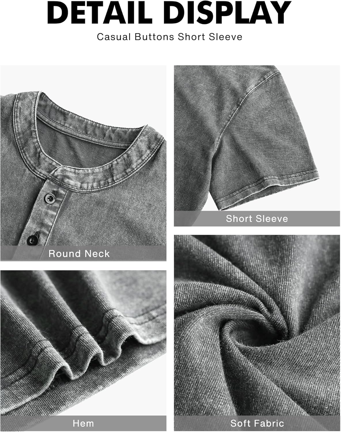NITAGUT Mens Distressed Henley Shirts Retro Short Sleeve Cotton Tee Shirts Casual Button Down Washed T-Shirts - Image 5