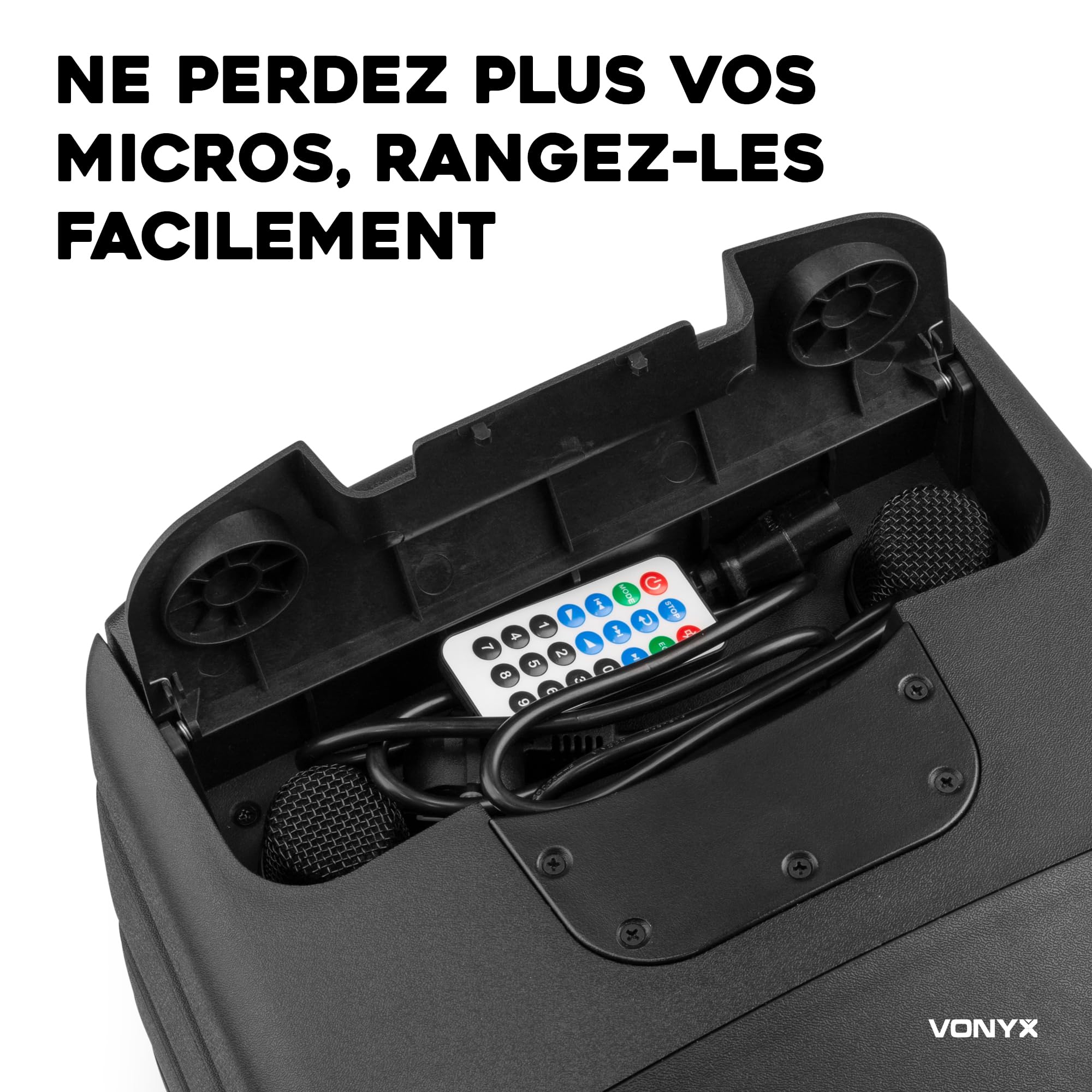 Vonyx VSP200 Enceinte Sono Portable 200 Watts, Enceinte Active Bi-Amplifiée, 2 Micros sans Fil, Poignées et roulettes de Transport, Idéale pour Vos Événements Pro, Karaoké, Fêtes en Extérieur
