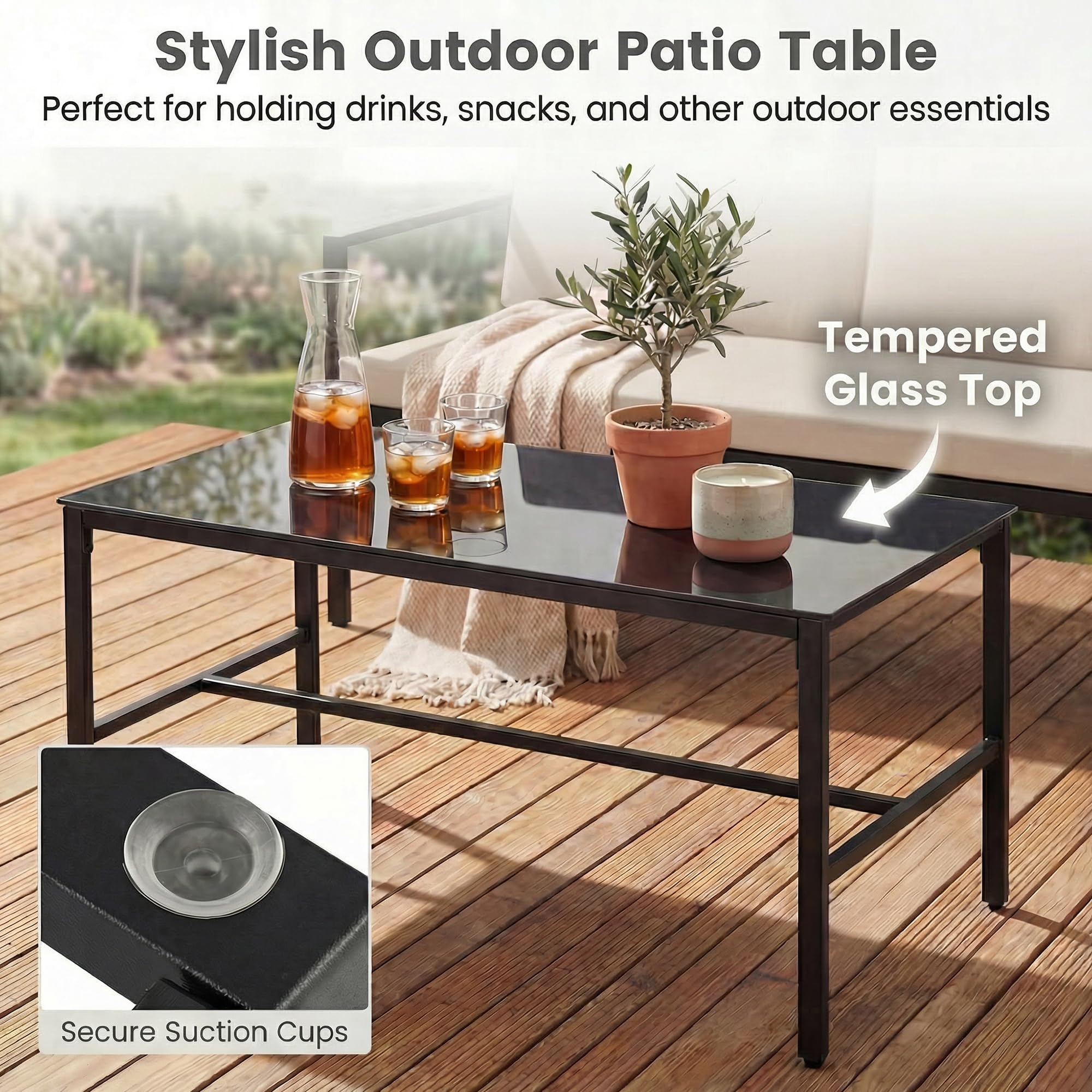 SOARS Conjunto de Jardin Exterior de Ratán de 4 Piezas, Mesa de Centro de Cristal Templado con 2 Sillas, Sofá de 2 Plazas y Cojines Mullidos, Muebles de Jardín para Patio, Terraza, Balcón (Beige)