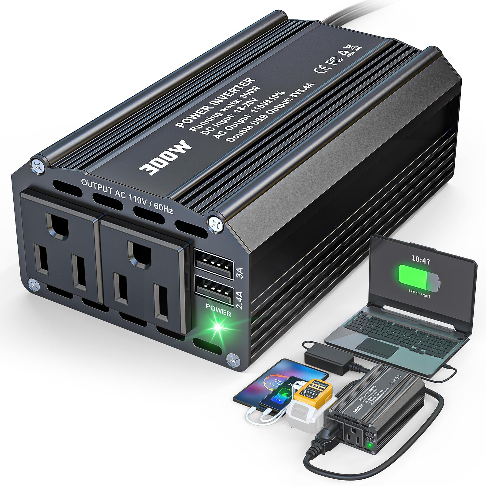 LIVOWALNY 300W Power Inverter DC 20V to AC 110V Compatible with Dewalt Battery Inverter Charger Adapter Power Supply with 2 AC & 2 USB Ports for Car, Vehicles, Laptop, Phone, String Light, Fan
