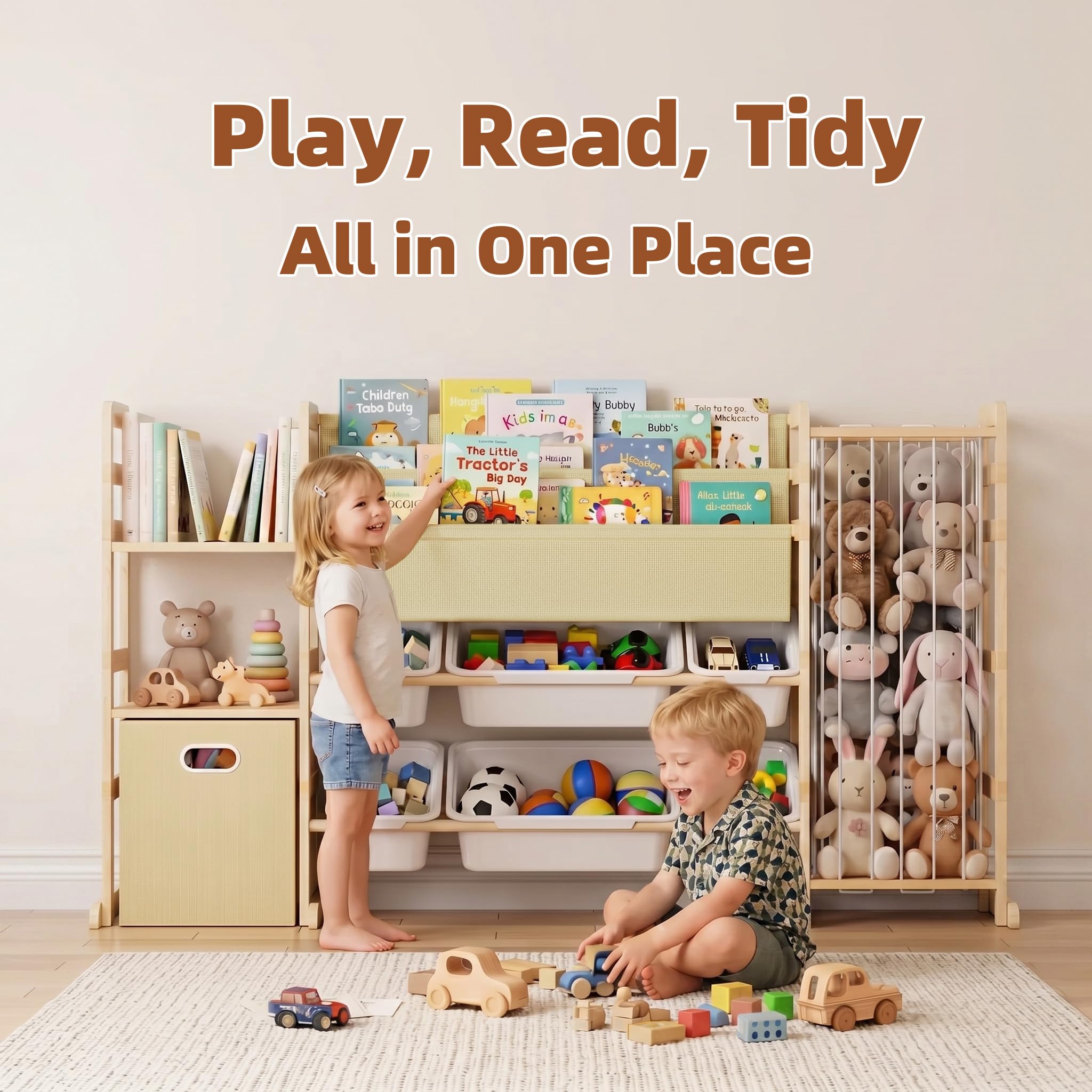 Spielzeug-Aufbewahrungs-Organizer mit Bücherregal und Stofftier-Aufbewahrung – Kinderspielzimmer-Organisation mit Regalen und 7 Spielzeugbehältern, 4-in-1 Kleinkind-Bücherregal aus Montessori-Holz