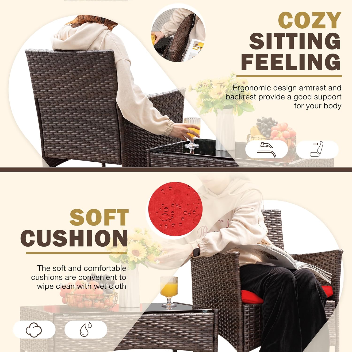 Homall 4 Pieces Patio Rattan Chair Wicker, Outdoor Indoor Use Backyard Porch Garden Poolside Balcony Furniture Sets (Red)