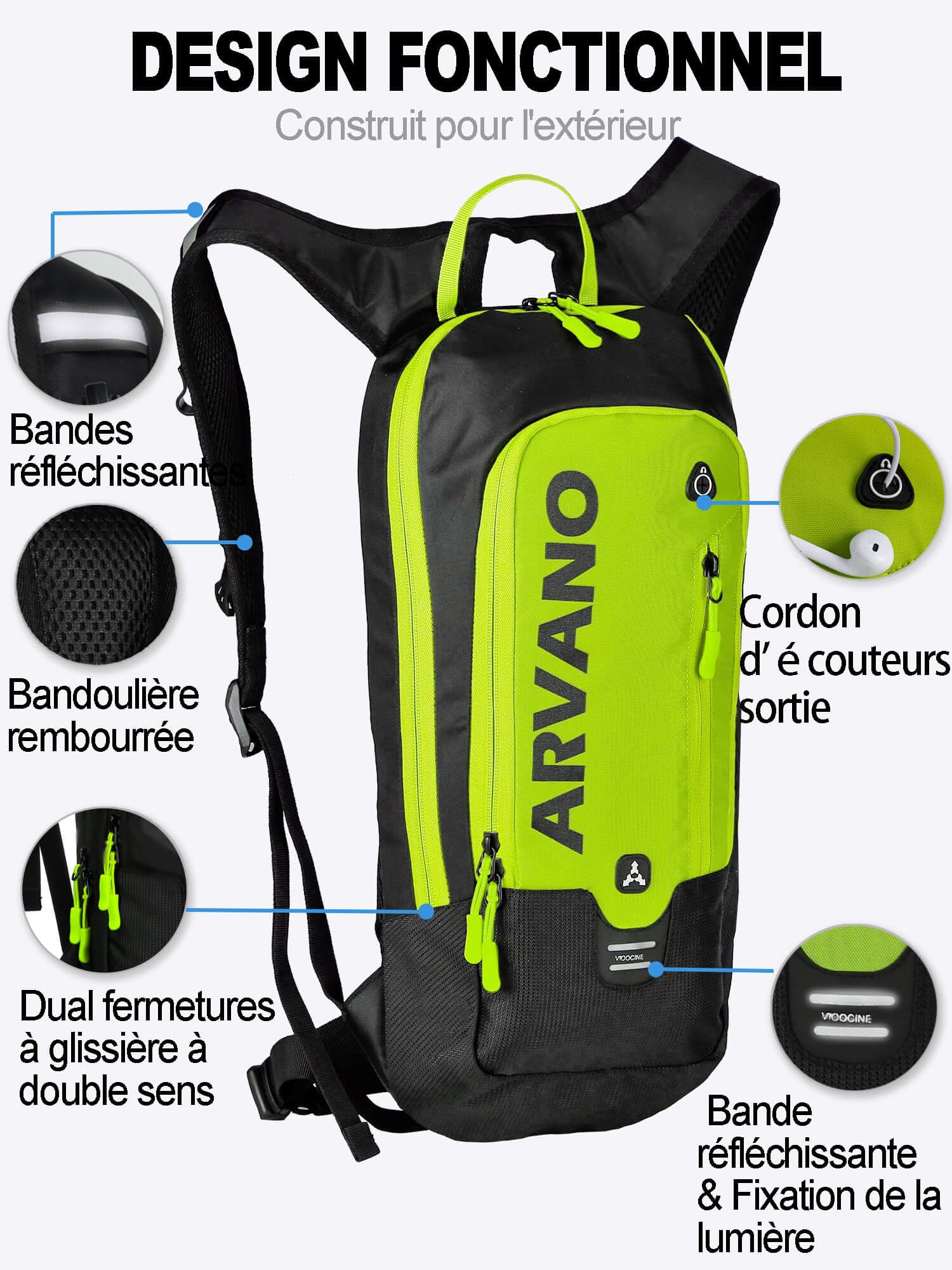 Sac à Dos d’hydratation 6L avec Poche à Eau 2L, Sac vélo et VTT léger, Respirant avec Sangles réglables, idéal pour randonnée et Course à Pied, Homme Femme