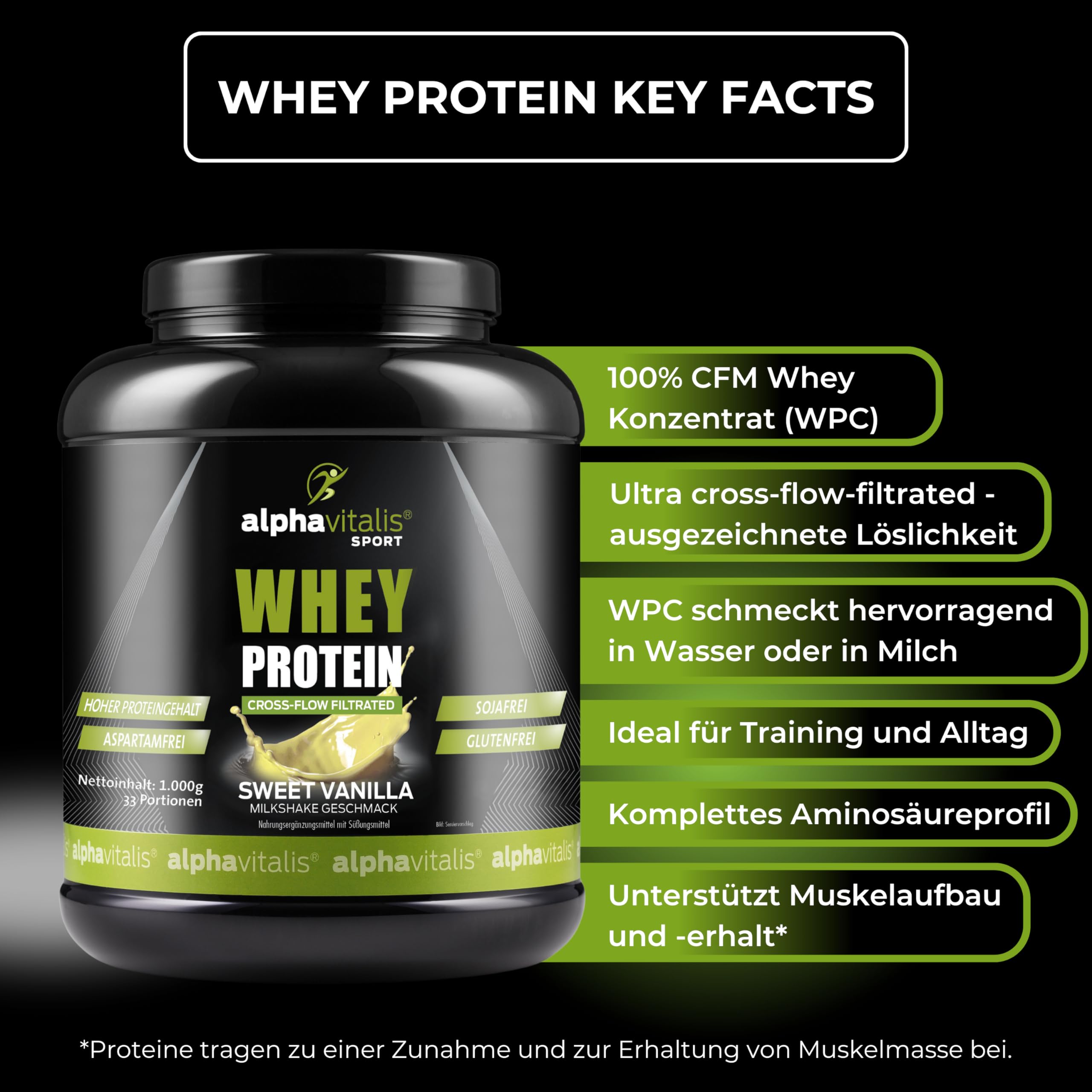 Whey Protein Pulver 1000g - leckeres Eiweißpulver für Proteinshakes, Kraftsport und Fitness - WPC cross flow mikrofiltiert CFM - Muskelaufbau Shake - Eiweißshake Vanille Milkshake