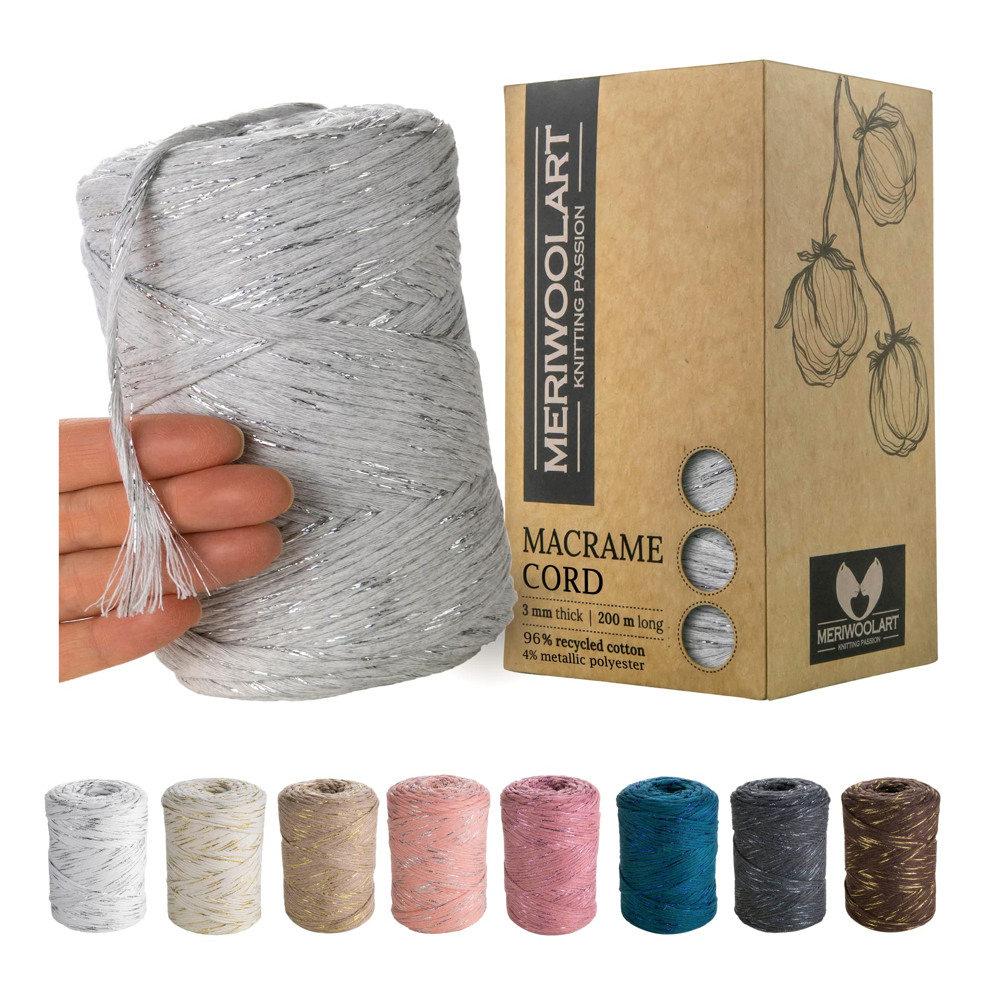 MeriWoolArt® Macrame Yarn Grey - 3 mm Coloured 200 m - Super Soft Recycled Cotton Yarn - DIY Boho Decorative