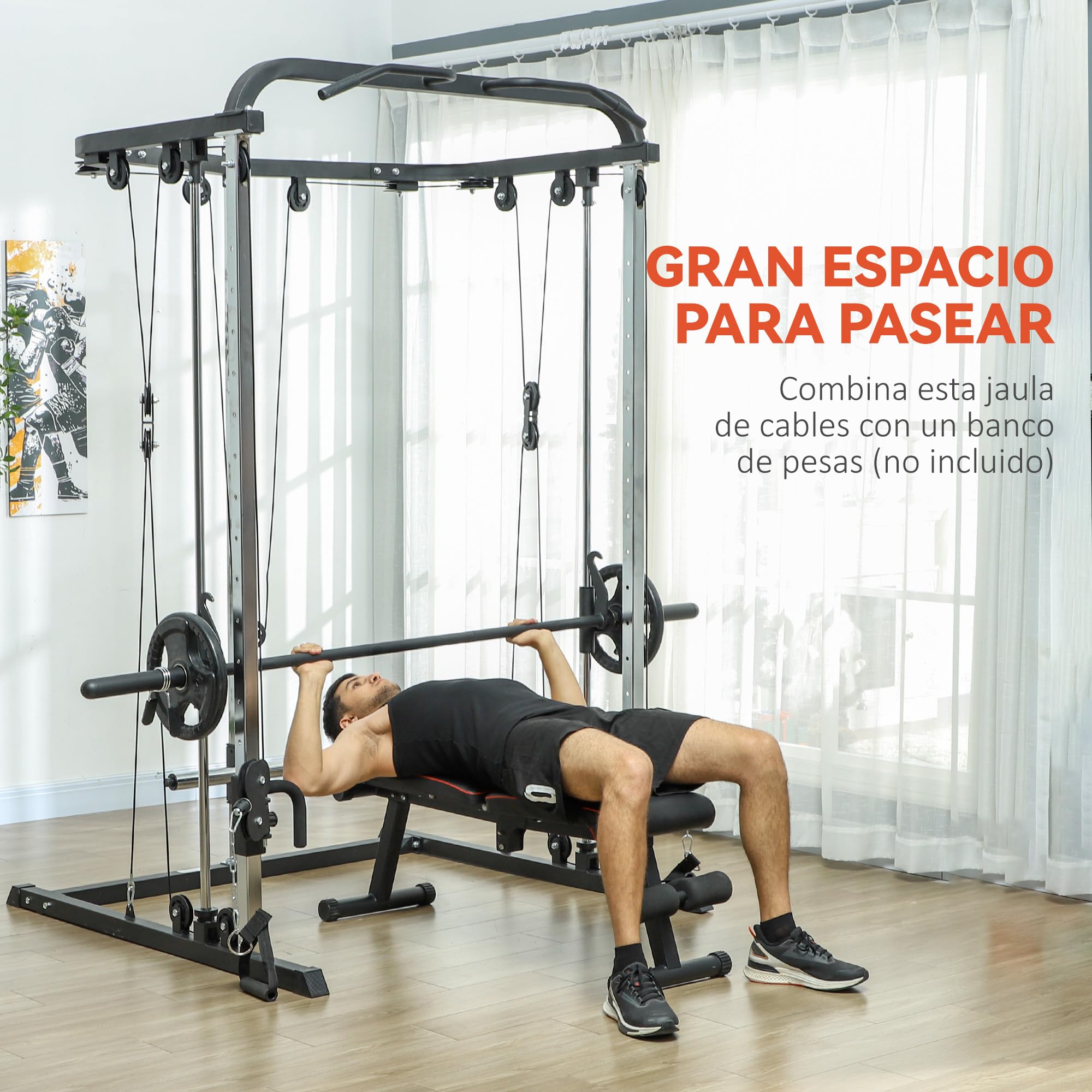 SPORTNOW Smith Machine Multiestación de Musculación Máquina Multifunción de Musculación con Soporte para Sentadillas y Barra para Pesas para Entrenamiento Fitness en Hogar Negro