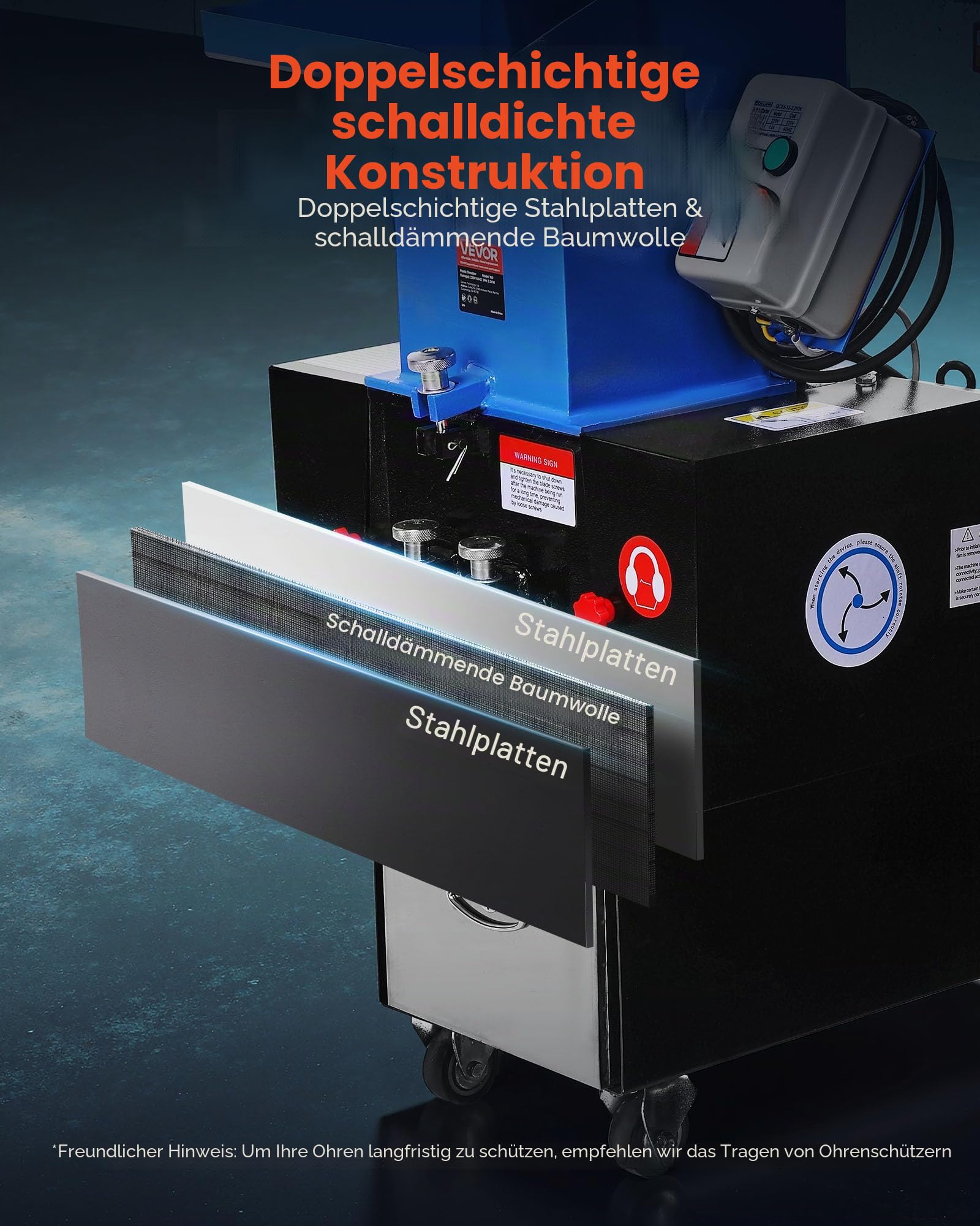 VEVOR Kunststoff-Schredder-Zerkleinerer, 2,2 kW, Granulator für Kunststoff, 100–150 kg/h Kapazität, mit Rädern, SDK-11-Klinge & 6 mm Maschenweite für PVC, ABS, PTFE(380V, 50 Hz 3-phasig)