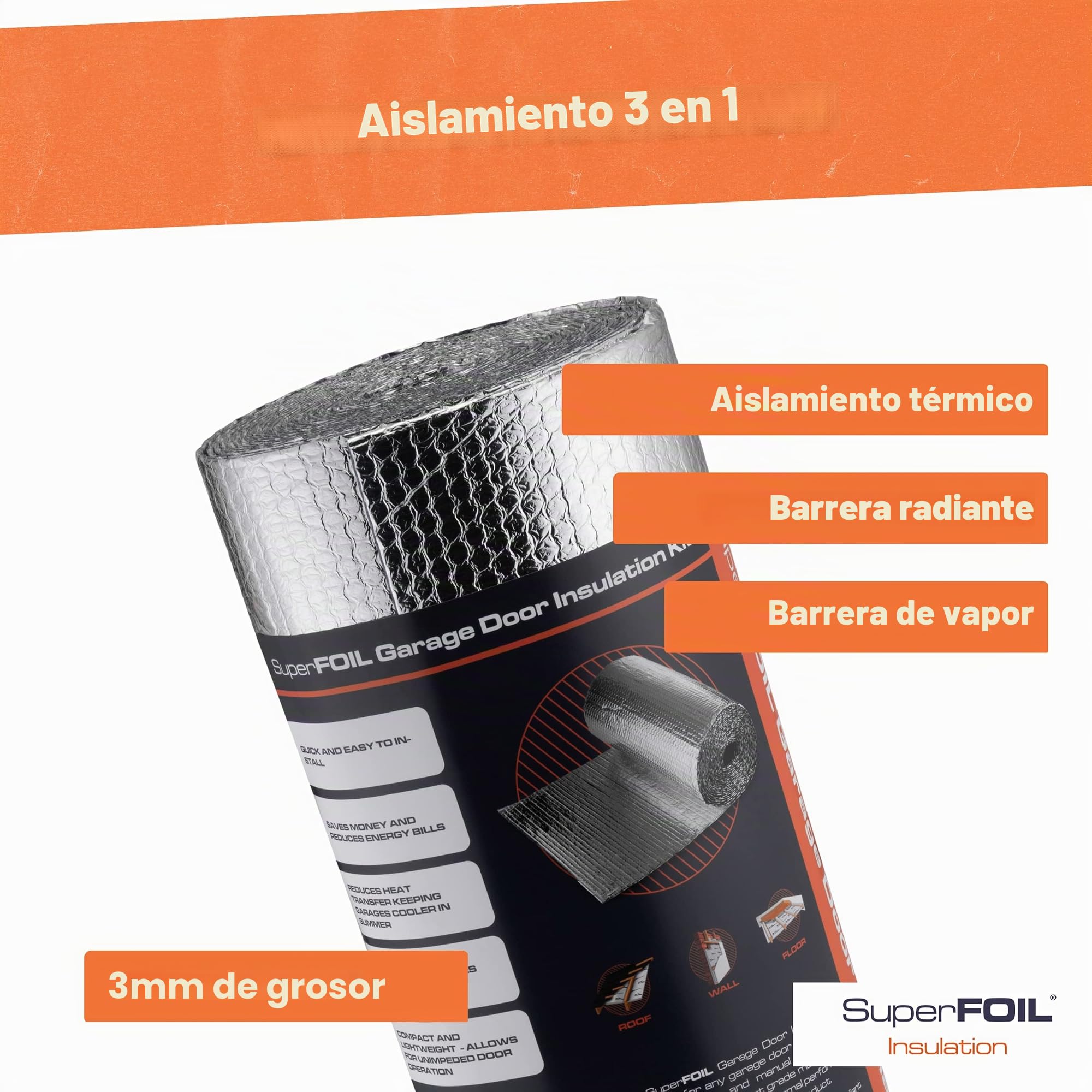 SuperFOIL Kit de Aislamiento para Puertas de Garaje - Solución Hazlo-Tú-Mismo para Ahorrar Energía - Aislamiento Térmico Duradero 3-en-1 con Barrera Reflectante y Barrera de Vapor
