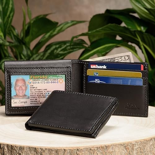 Miniatura 4 de Billetera plegable de cuero con brida de grano completo para hombre con ventana abatible para identificación, color negro, fabricada en Estados