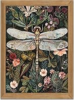AKWISHWallArt Framed 3D Textured Vintage Wall Art - Dark Green Dragonfly Flowers Botanical Decor 12x16in Living Room Bedroom