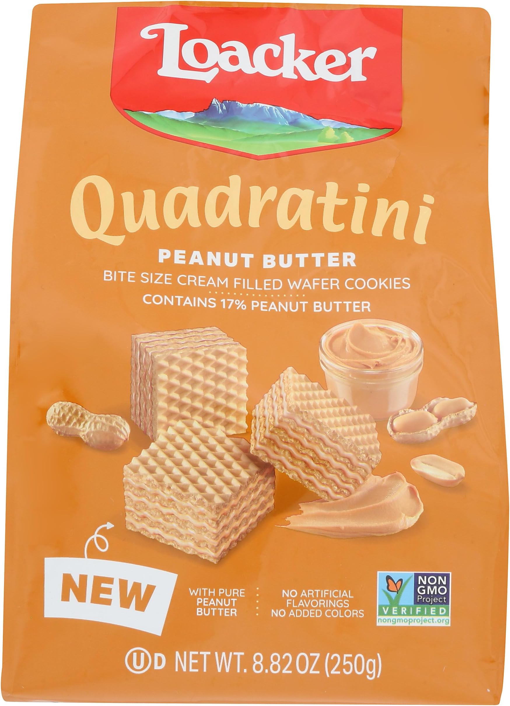 Loacker Quadratini Peanut Butter bite-size Wafer Cookies - 30% Less Sugar - Premium Crispy Wafers with Peanut Butter cream filling - great for snacks & desserts- Non GMO - LARGE Snack Bag 250g/8.82oz