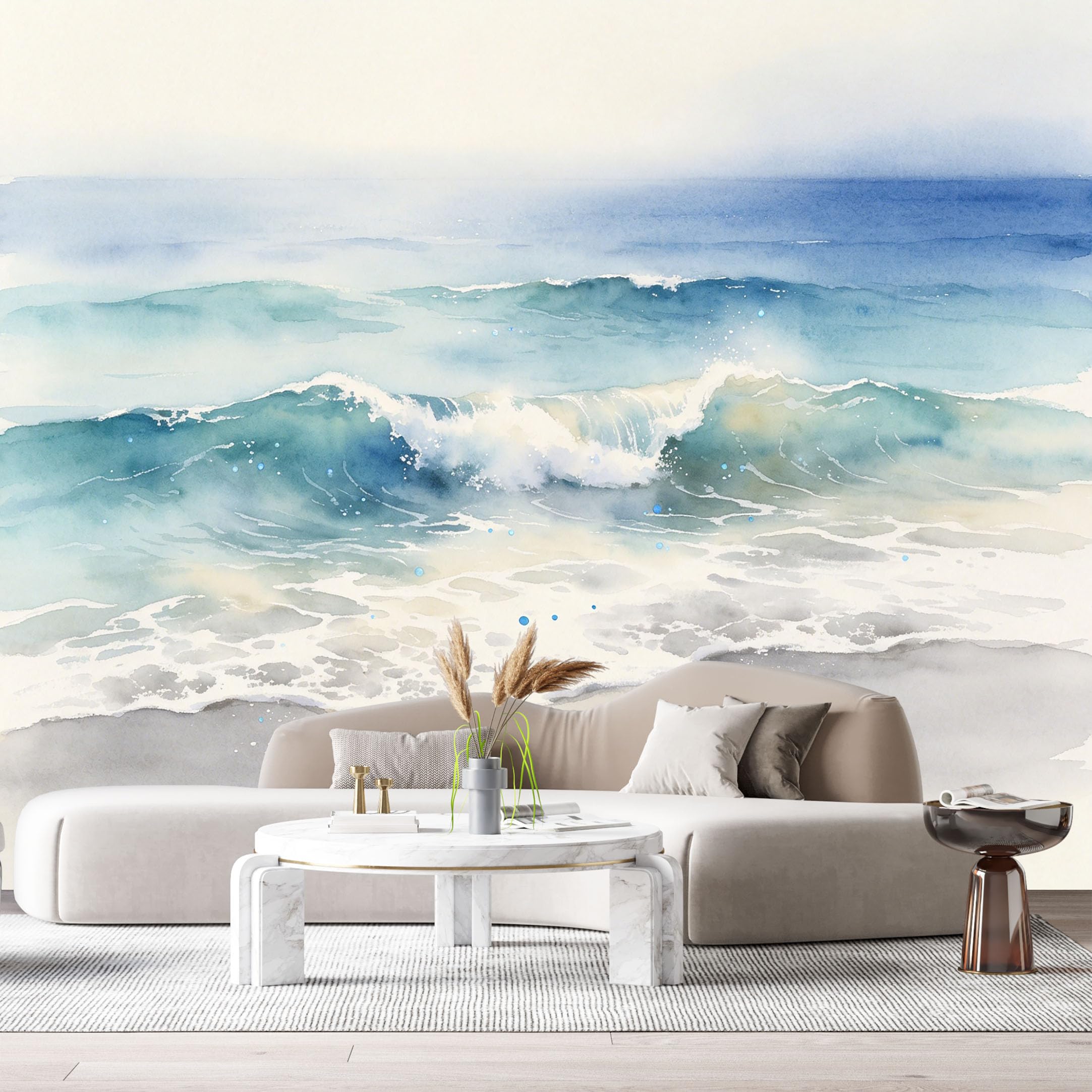 Custom Size Wall Murals Coastal Ocean Watercolor Rolling Waves SelfAdhesiveWall Fabric Removable Wallpaper Wall Decor for Living Room Bedroom Bathroom