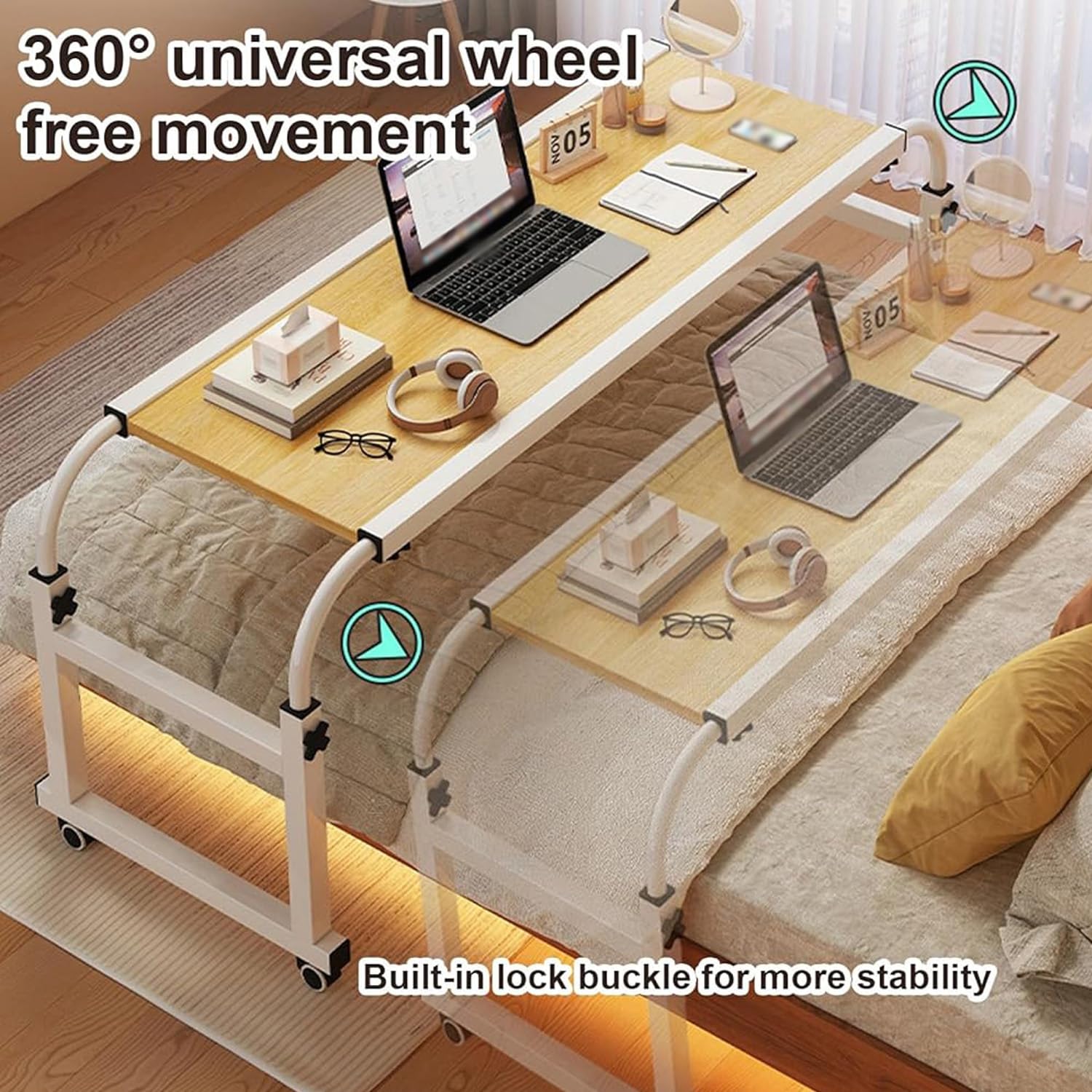 Mesas de Cama con Ruedas para Hospital, Mesa de Cama para Comida, Silla de Ruedas, Bandeja para portátil, Escritorio con Ruedas Ajustable, Gran Altura (Color: Negro+)