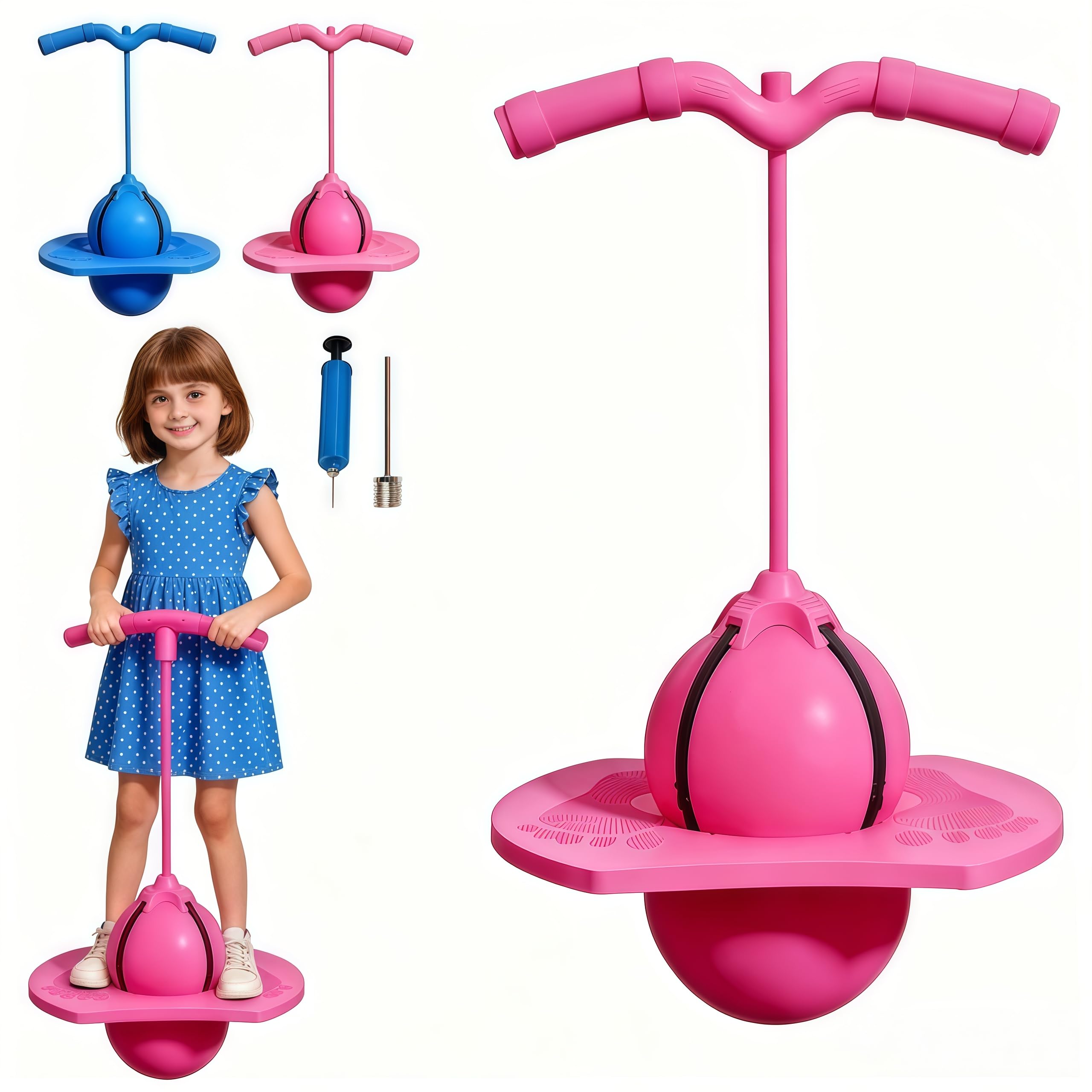 Balón de Salto Equilibrado, Pelota Saltarina con Mango,Balón para Saltar, Pelota de Salto de Pogo,con Bomba, para Interior Exterio (Rosa)
