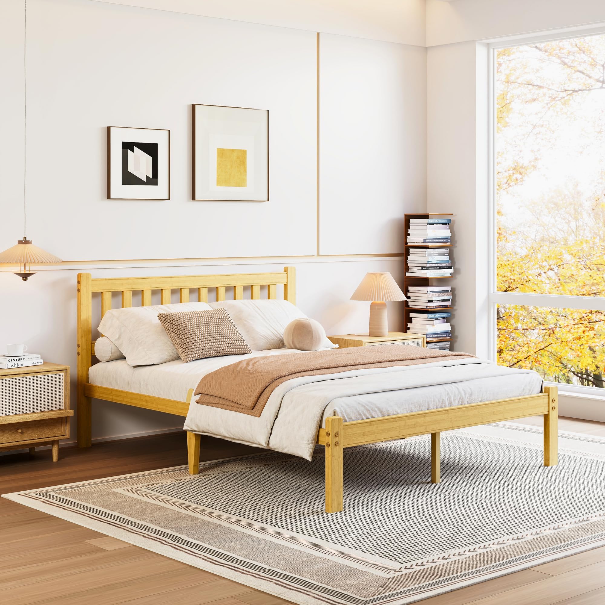 Hunlostten Double Bed Frame Wooden with Headboard - Bamboo Wood Bed Frames with Metal Slats Support and Underbed Storage Bedroom Furniture, Easy Assembly, Noise Free, Solid, 35.5 cm High