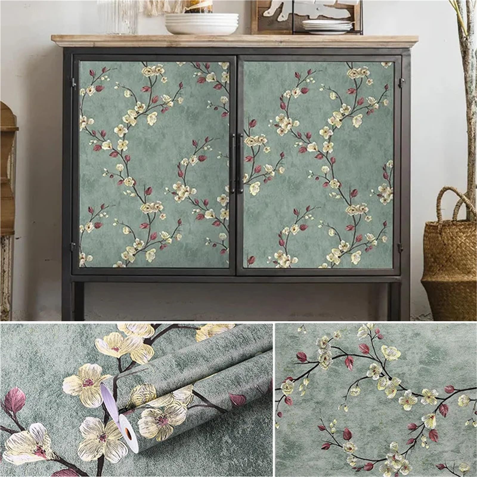 BTGYTTKL Self Adhesive Wallpaper Green Bloom Vintage Vinyl Peel and Stick Drawer Cover Household Storage Liner(Flower 01,1mx45cm)