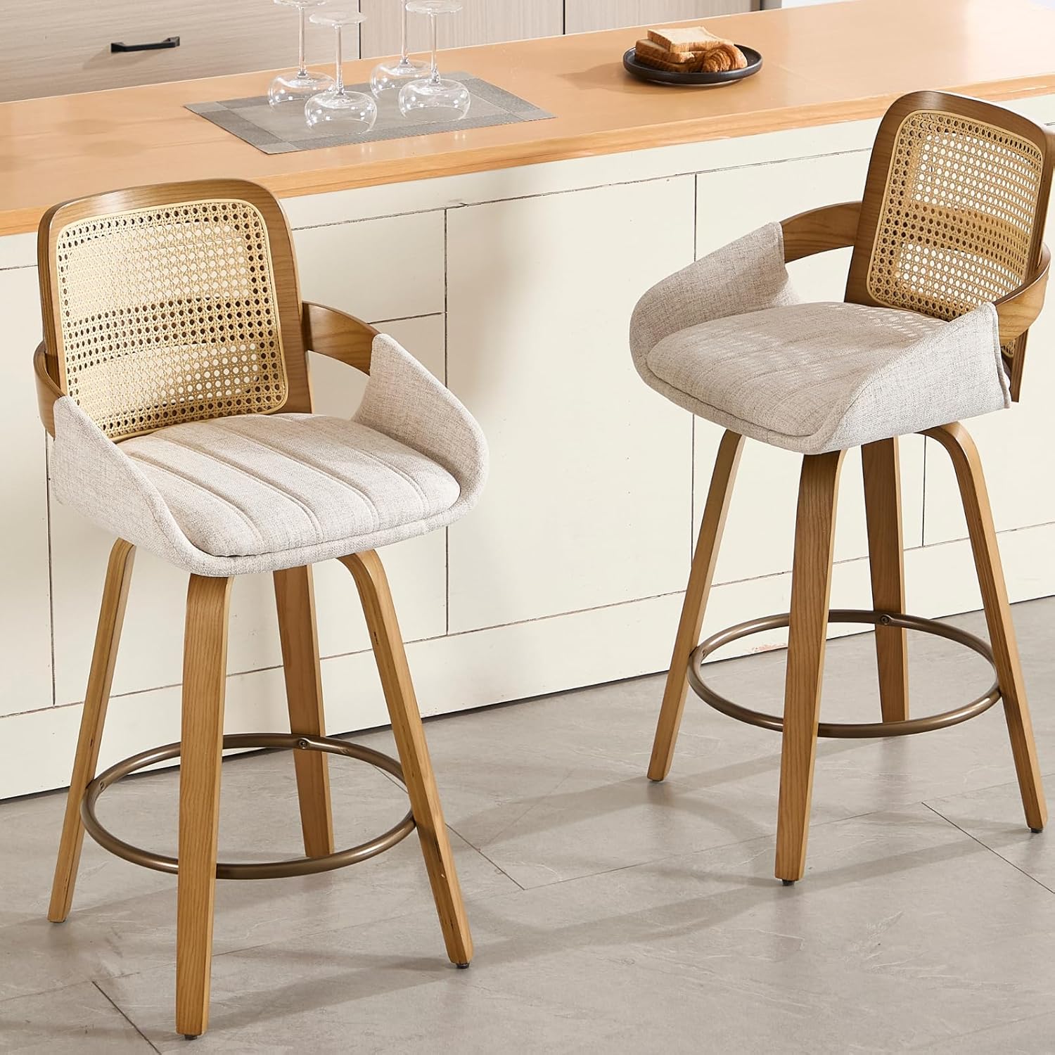 360°Swivel Bar Stools Set of 2, Upholstered 26” Bar Stools with Rattan Back, Modern Rotating Wood Counter Stools with Footrest Kitchen Stools for Island Home Dining Room Pub Restaurant (Beige)