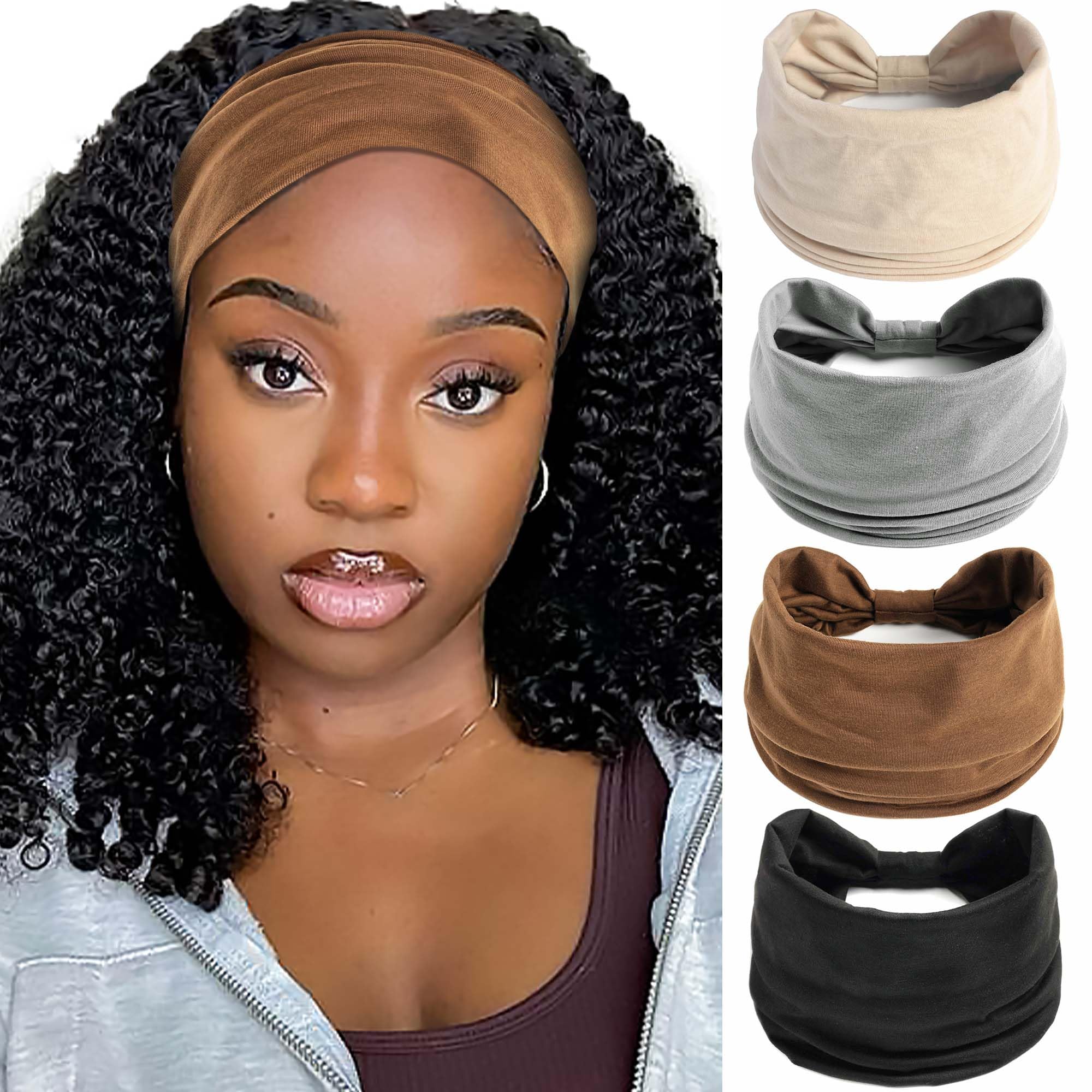 Lot de 4 bandeaux bohèmes pour femmes - Couleur unie - Antidérapants - En coton - Large - Pour le yoga, le sport - Accessoires pour cheveux pour femmes et filles