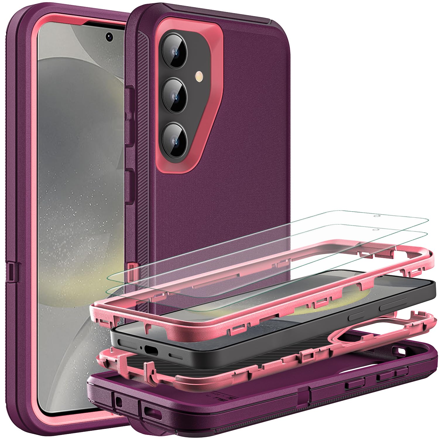 HONG-AMY for S24 Case, Samsung Galaxy S24 Case with Self Healing Flexible TPU Screen Protector [2 Pack], 3 in 1 Full Body Shockproof Heavy Protection