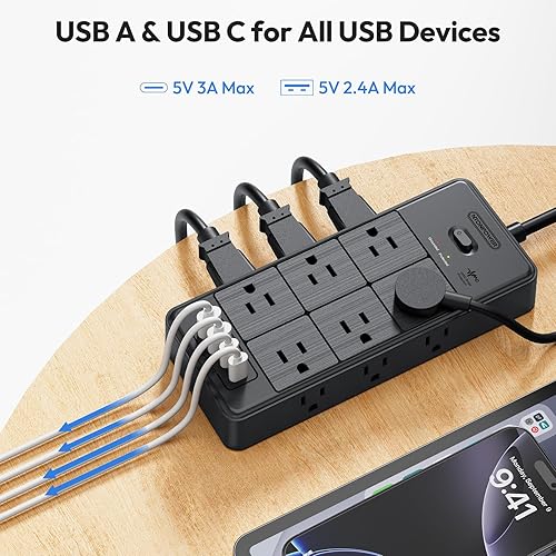 Miniatura 8 de NTONPOWER Regleta de alimentación con protector de sobretensiones de cable largo de 4000J, cable de extensión de 25 pies con 12 salidas y 4 puertos