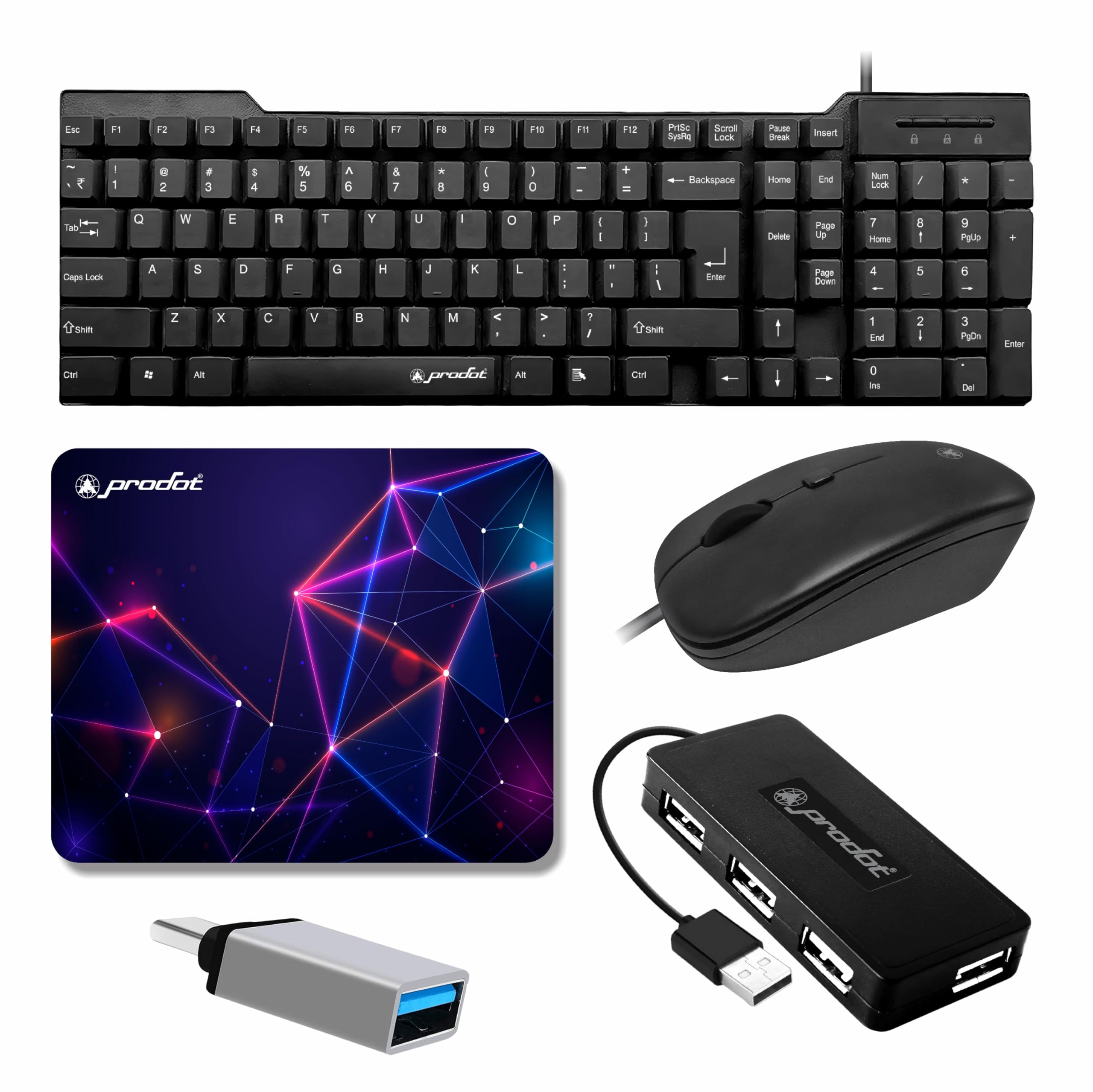 Prodot 5-in-1 Wired Combo Pack | Wired Keyboard + Quad Optical Mouse with Adjustable DPI + 4 in1 Port USB Hub + USB Type-A to Type-C Converter + Anti-Slip Mouse Pad | for Laptop/Desktop/PC