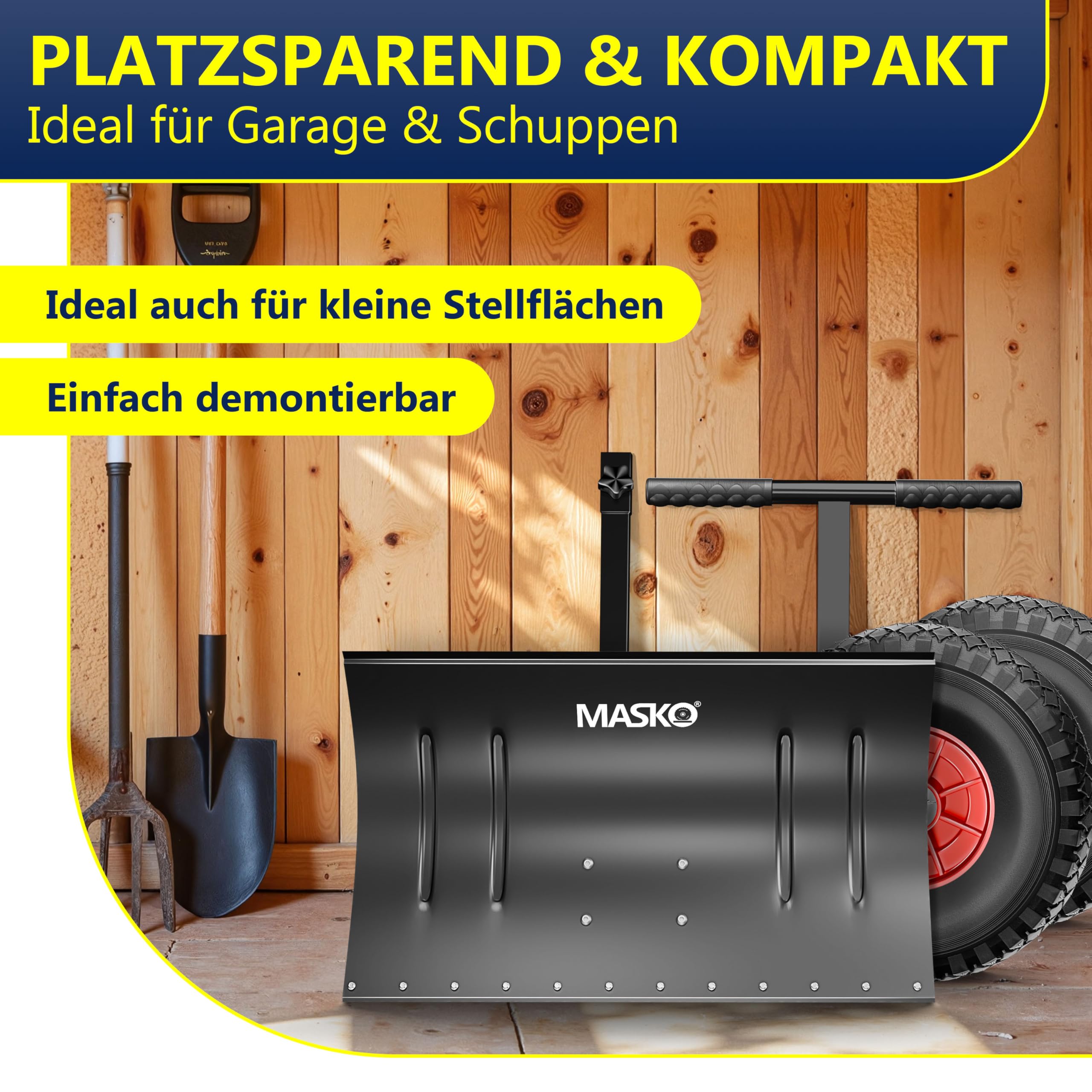Masko Schneeschaufel auf Rädern höhenverstellbar - 5-Fach Schneeräumen, rückenschonender Schneeschieber, Schneeschild 75 cm Arbeitsbreite-Höhe 42, platzsparend zusammenklappbar, Schwarz
