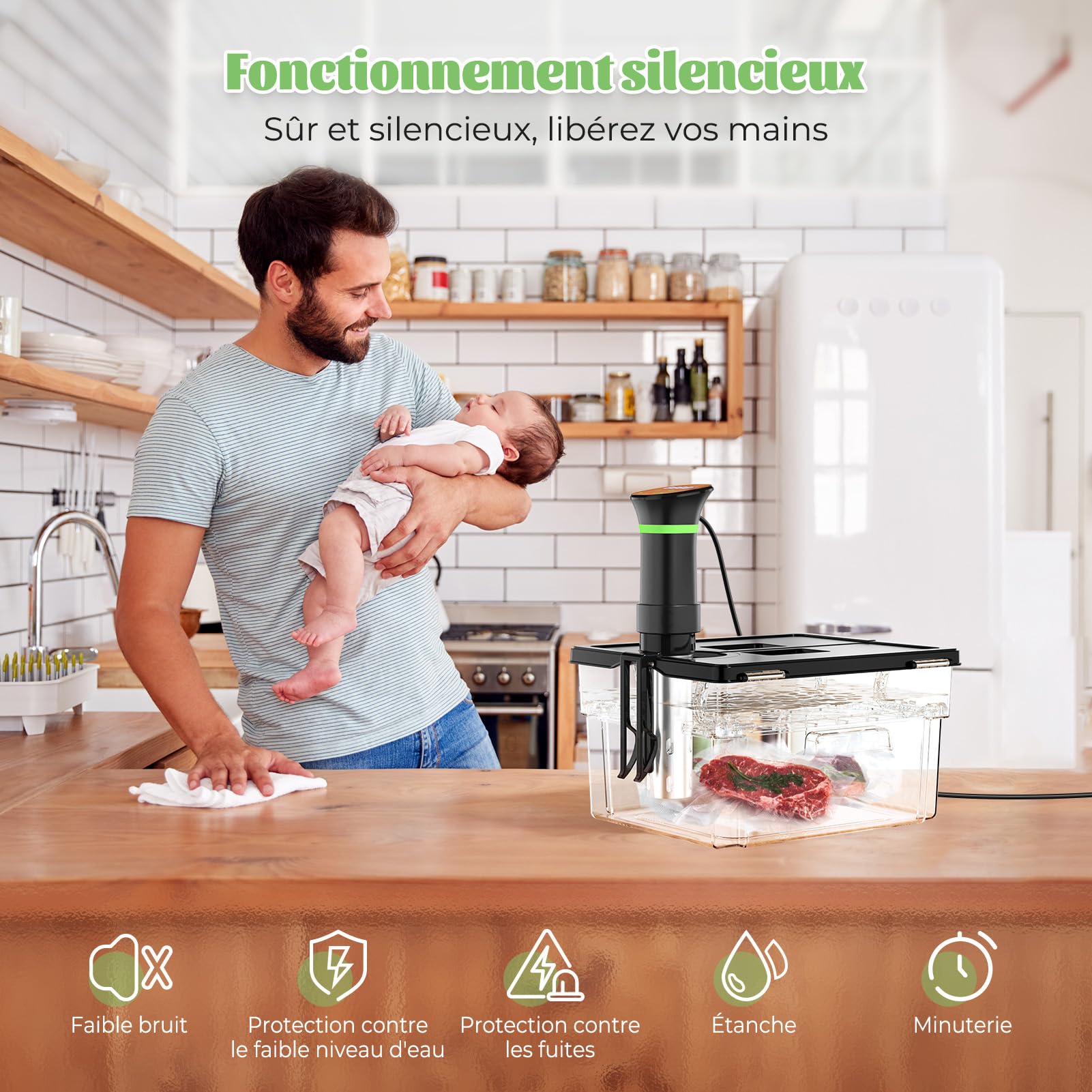 Thermoplongeur Sous Vide Cuiseur Sous Vide 1000W Calculateur dImmersion Cuisinière Thermostat Réglable Contrôle Précis de la Température pour Viande Oeuf Légume Écran Tactile LCD 25 à 92,5℃