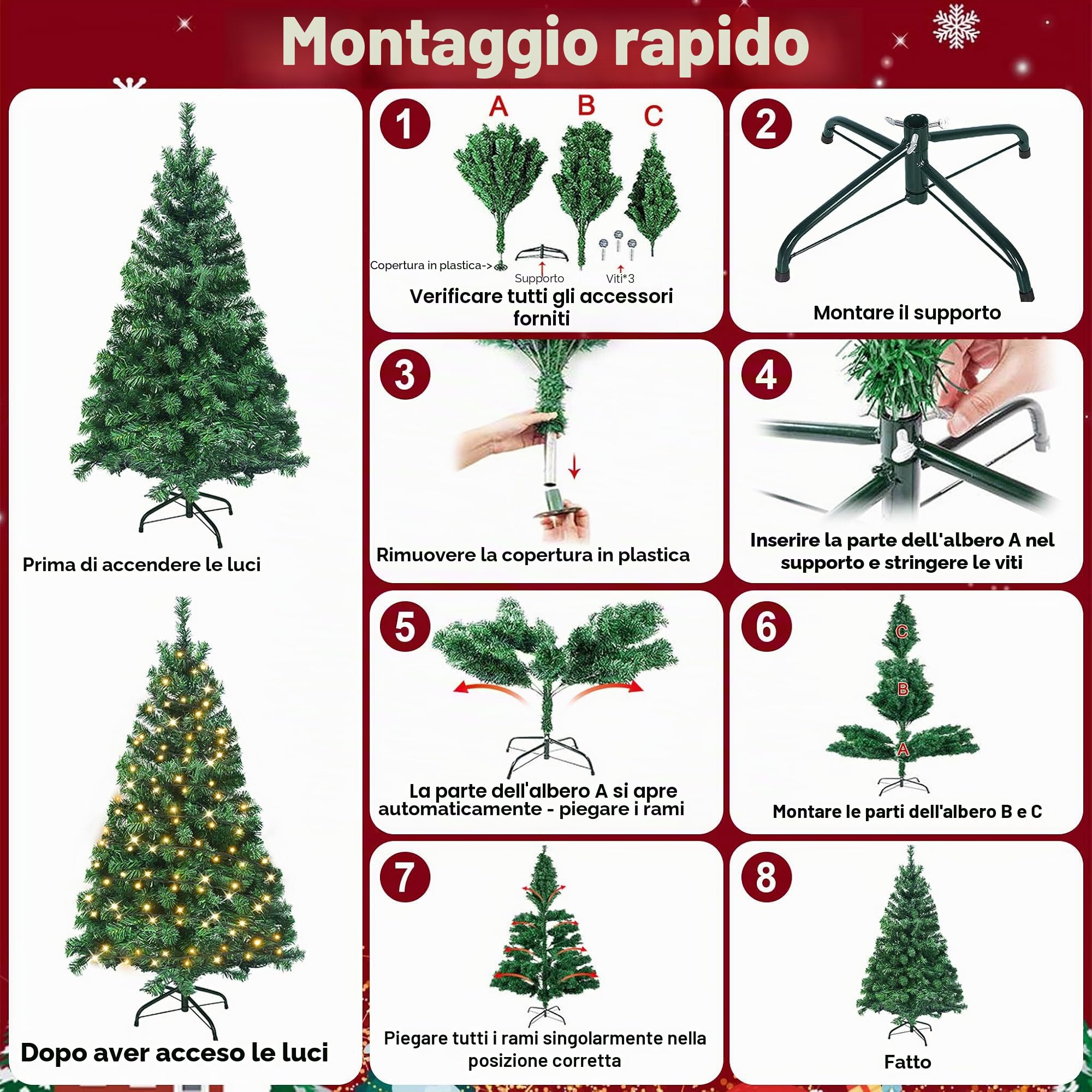 Froadp 210cm Albero di Natale Artificiale in PVC, Abete Artificiale con 820 Rami e 350 LEDs, Albero di Natale Rimovibile con Supporto in Metallo, Abete Ignifugo per la Decorazione di Natale