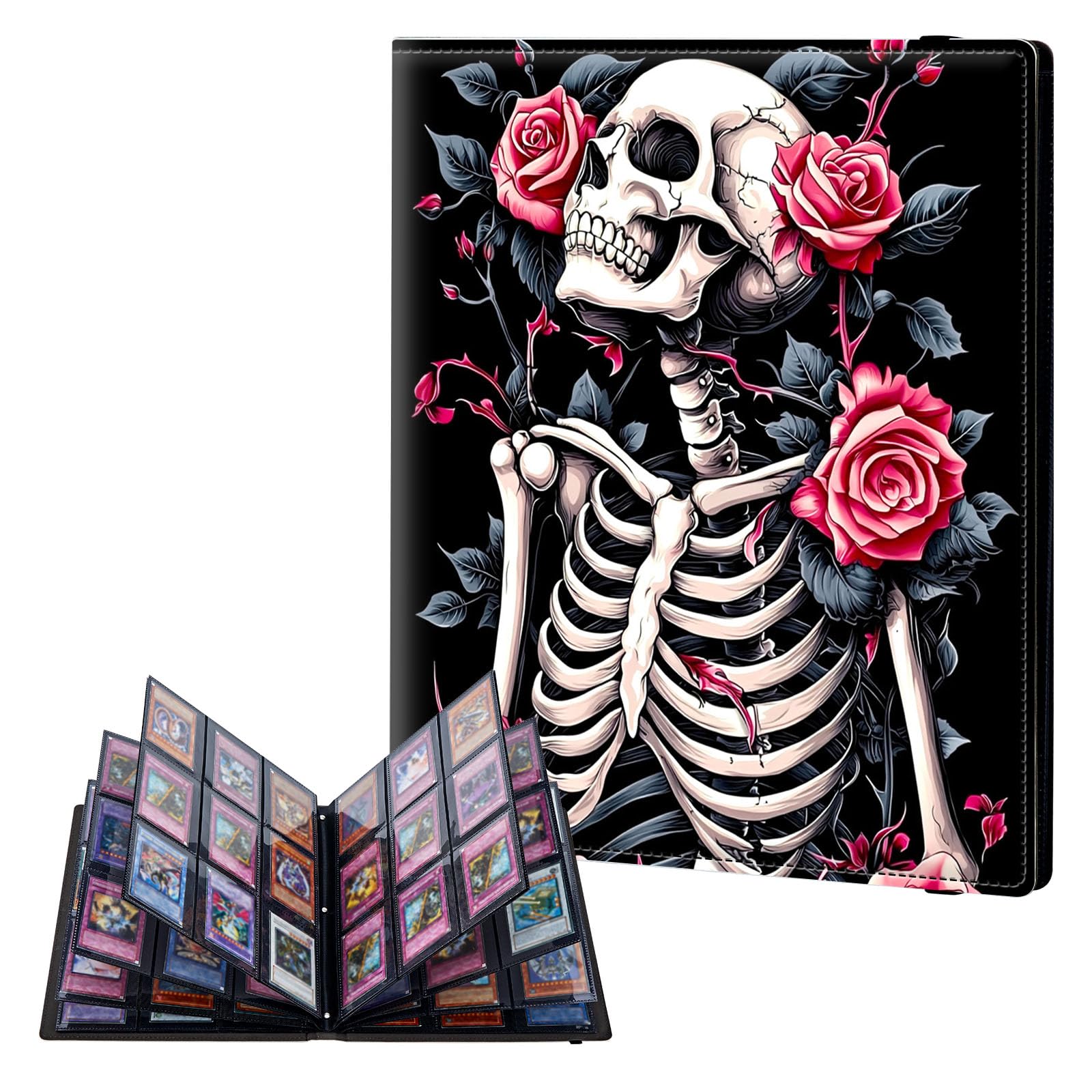 ETLKJVBL 9 Pocket Trading Card Binder, Card Collection Binder for TCG, MTG, Sports Cards, Baseball, Skeleton with Roses Trading Card Book Holder for Collectors, Top Loader Binder — image 1