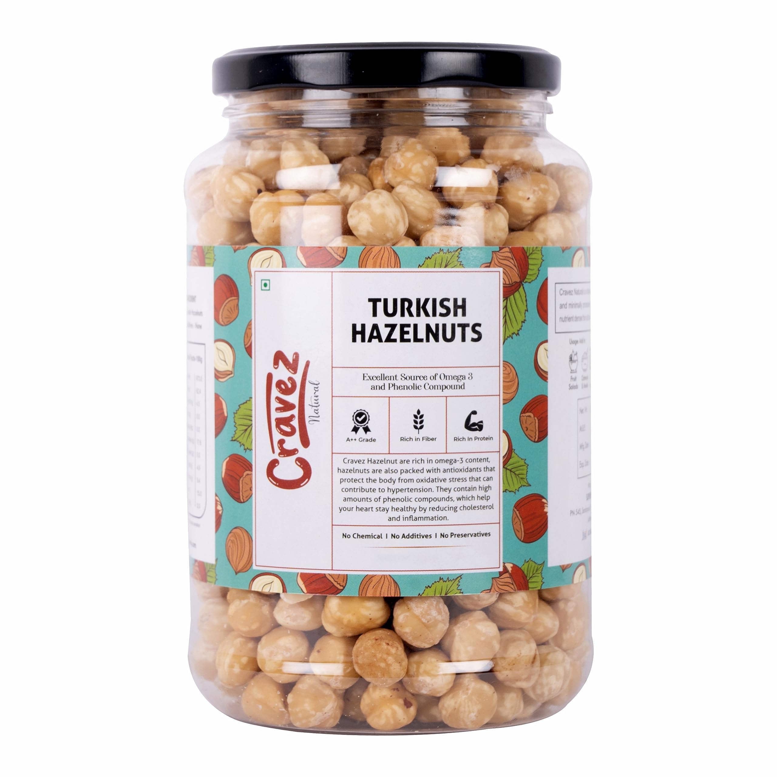 cravez Premium Hazelnuts - (500 Gm) | Unsalted And Crunchy | Excellent Source Of Omega 3 And Phenolic Compound | Hazelnut For Spread,Hazelnut Dry Fruits | Packed In Reusable Premium Jar