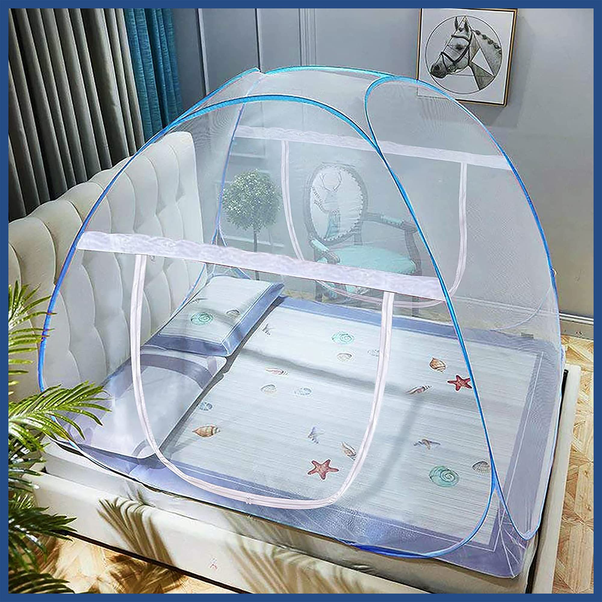 Zemic Foldable Mosquito Net/Machhardani - Double Bed, King-Size 200 cm (6.5ft) X 200 cm (6.5ft) X 145 cm - Blue, Strong 30GSM net, High Durability, Foldable, Corrosion Resistant, Lightweight