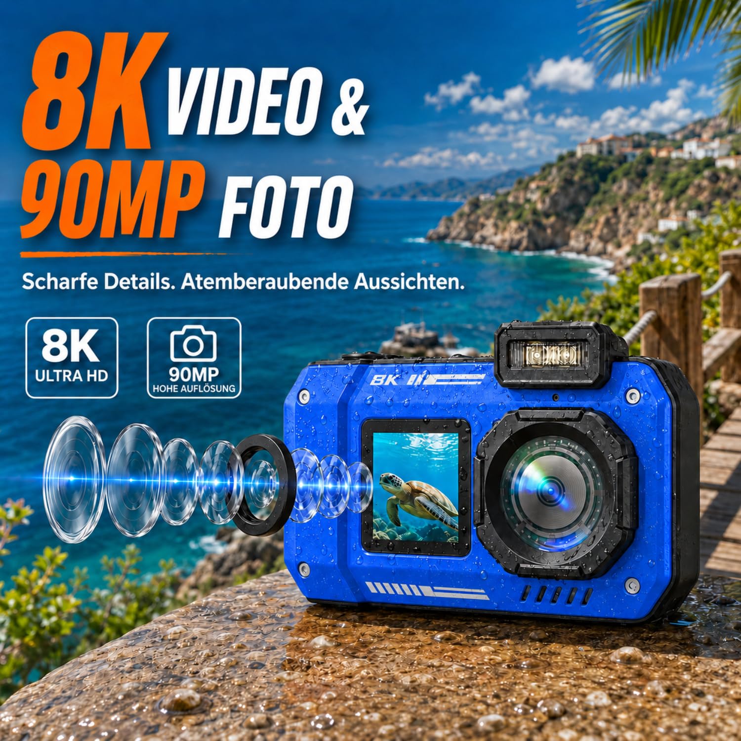 Maxmango D50 8K Unterwasserkamera,33FT wasserdichte Kamera mit 16GB Karte,2.8'' Dual-Screen Selfie Staubdichte, Stoßfeste Digitalkamera mit 2500mAh Batterie, 18X für Schnorcheln, Schwimmen und Urlaub