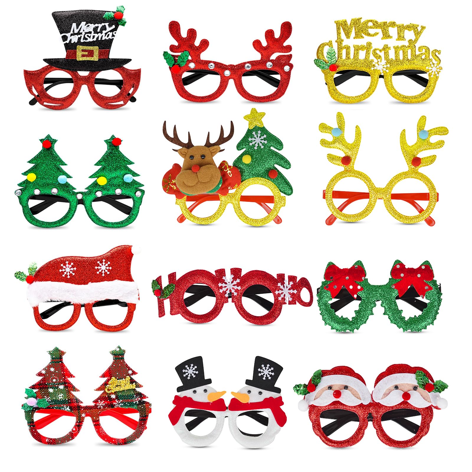 Xndryan Christmas Glasses Glitter Party Glasses Frames, 12 Pack Novelty Xmas Glasses Party Eyeglasses Fancy Dress Costume Eyewear Christmas Decoration Eyeglasses for Christmas Parties New Year